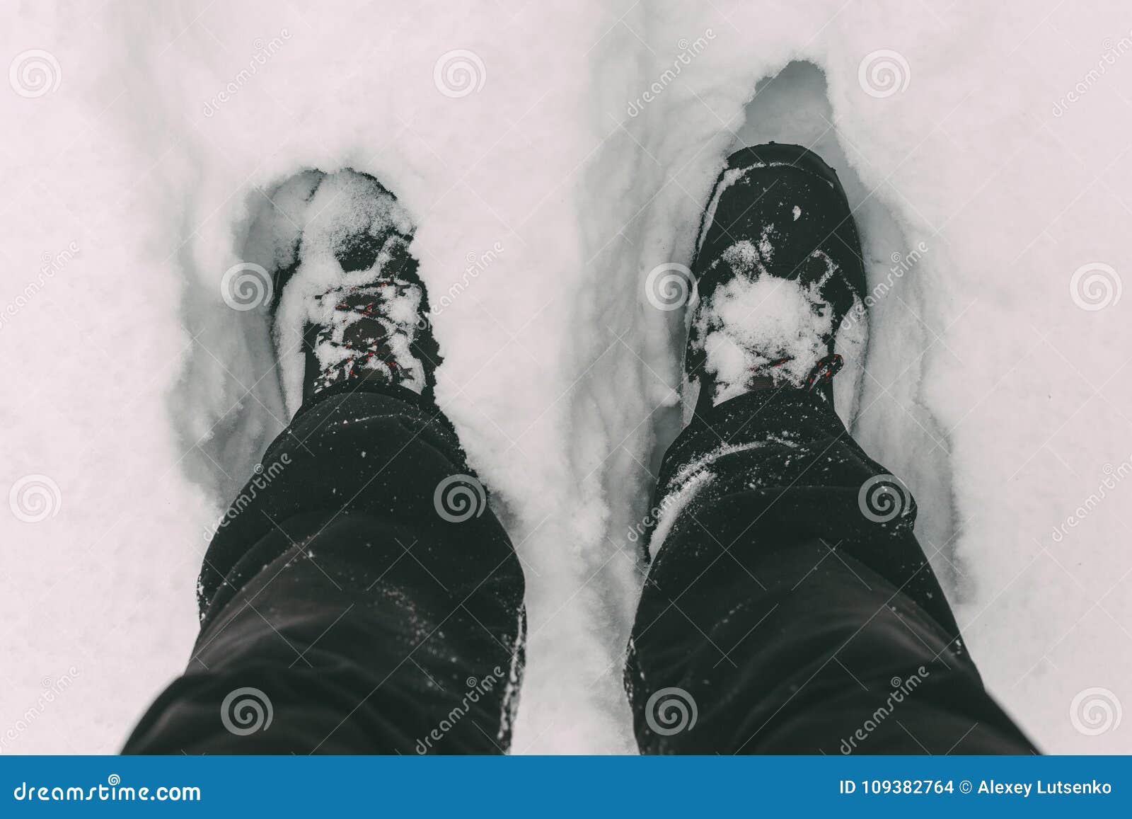 Closeup Photo of Hiking Boots in the Snow. Stock Photo Image of casual, alpinism 109382764