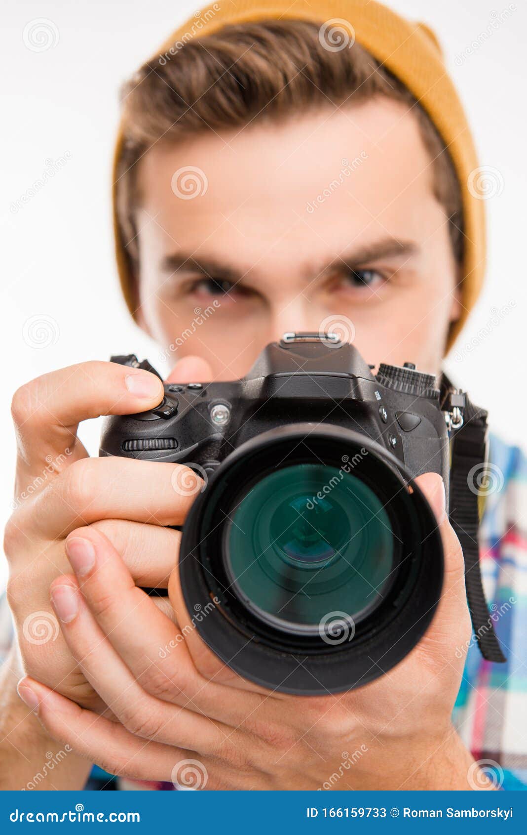 Closeup Photo of a Photographer with Hat Taking a Photo Stock Image Image of positivity