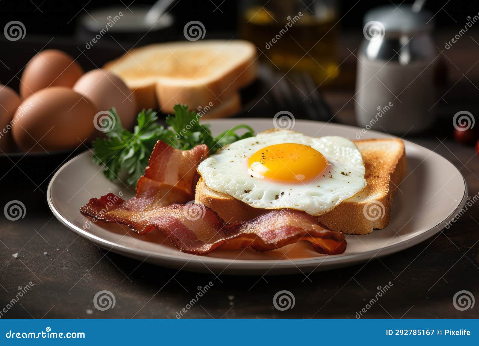 closeup photo of a plate of bacon, eggs, and toast breakfast ai generated