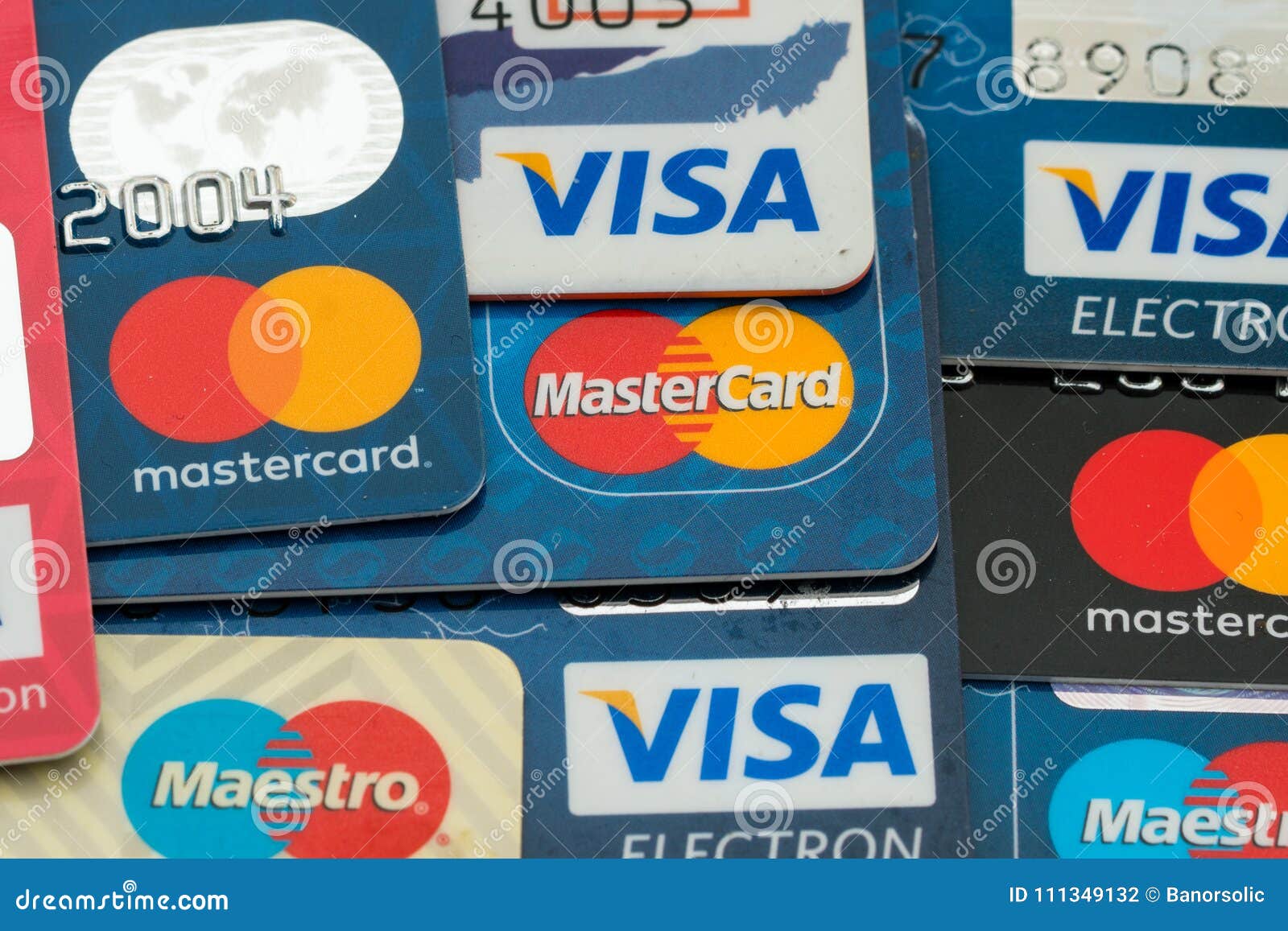 Closeup Pile of Credit Cards, Visa and MasterCard, Credit, Debit and