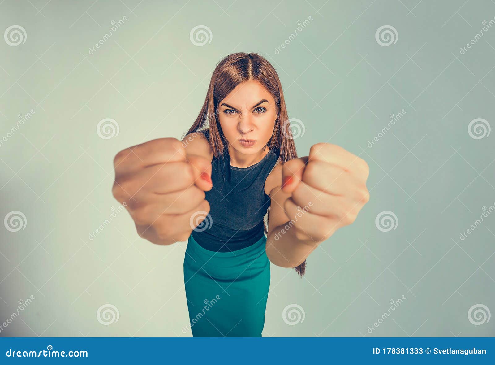 Closeup Portrait Angry Young Woman Showing Fists Stock Image Image Of