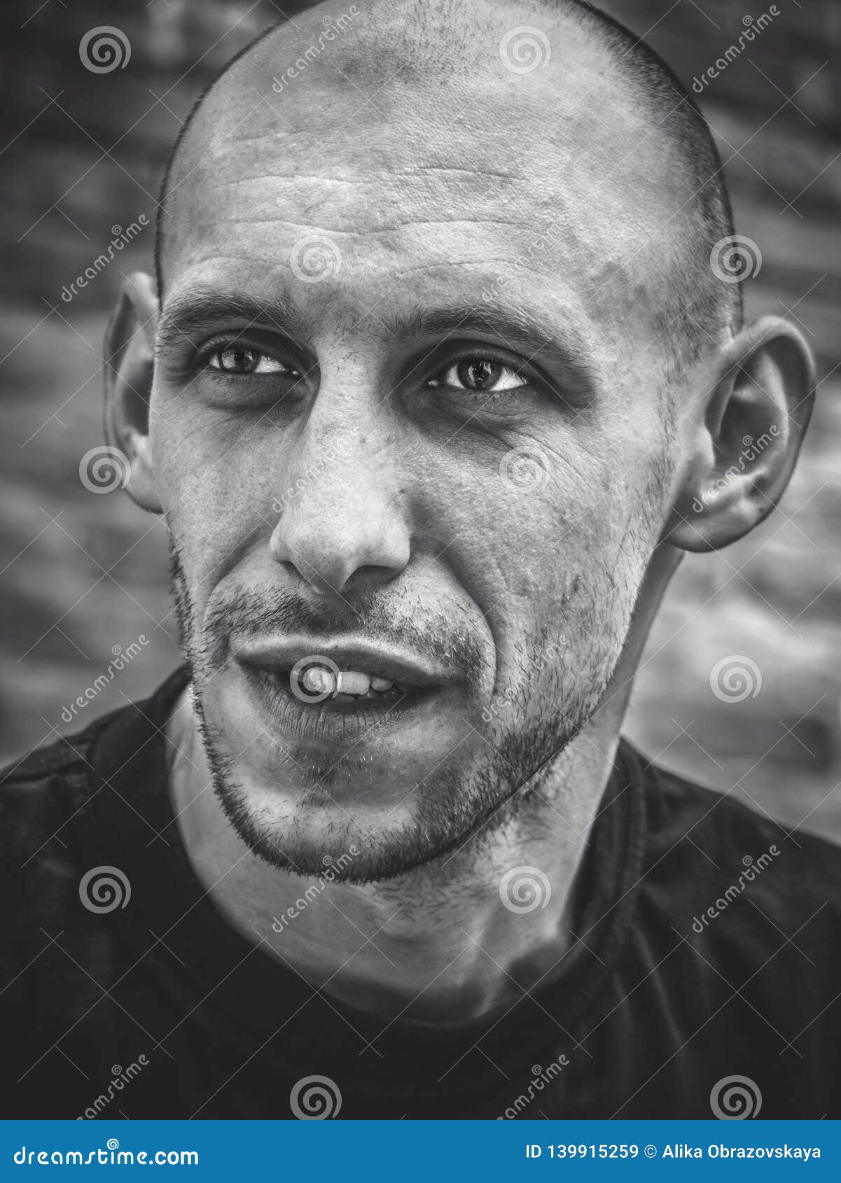 Closeup Portrait of a Bald Man with a Smile and Brutal Appearance in ...