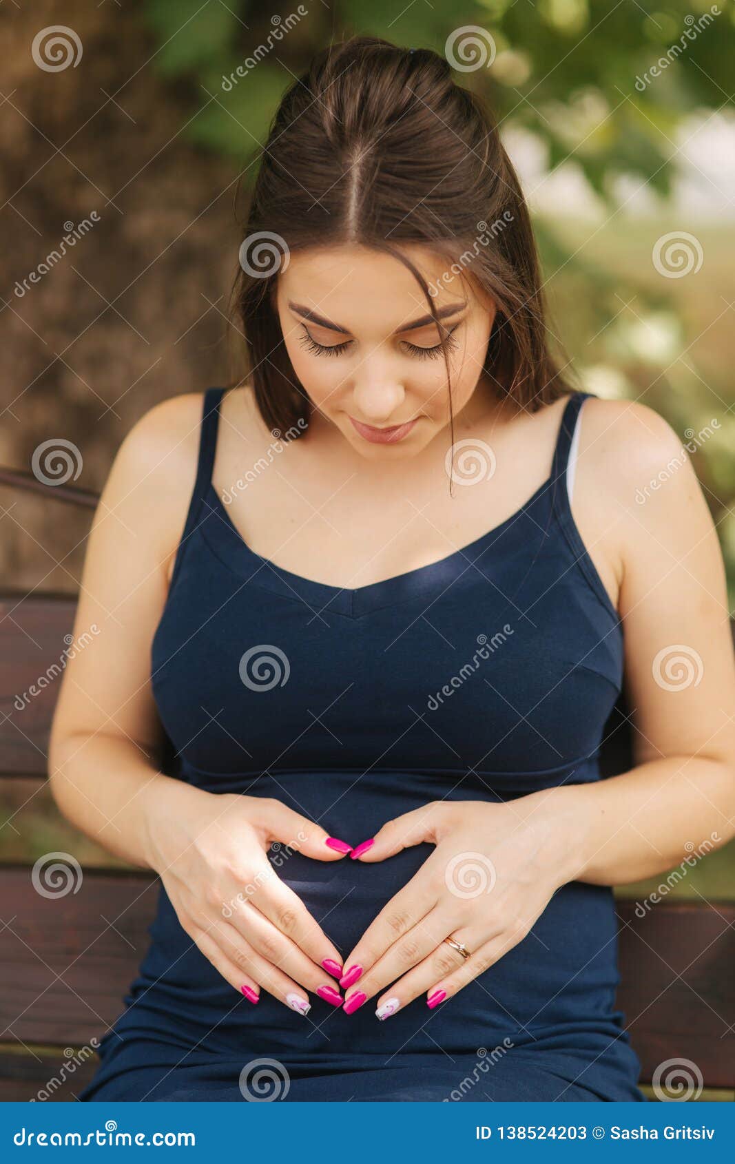 Closeup Portrait Of Beautiful Pregnant Woman Happy Lady Smile And Rejoiced Nude Makeup Stock