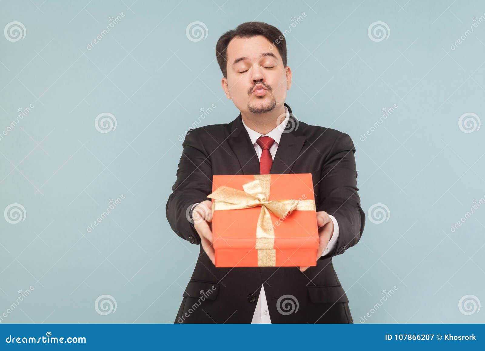 Closeup Portrait of Business Man Present Gift Box, Air Kissing Stock ...