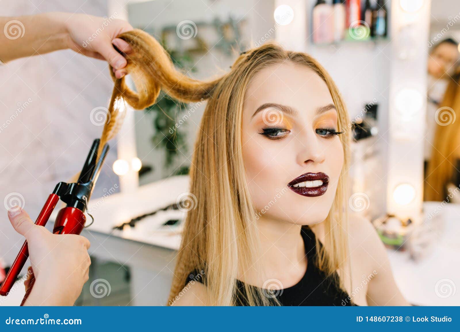 Closeup Portrait Charming Blonde Woman Preparing To Celebration, Party in  Beauty Salon. Stylish Makeup, Making Hairstyle Stock Photo - Image of  fashionable, coiffure: 148607238