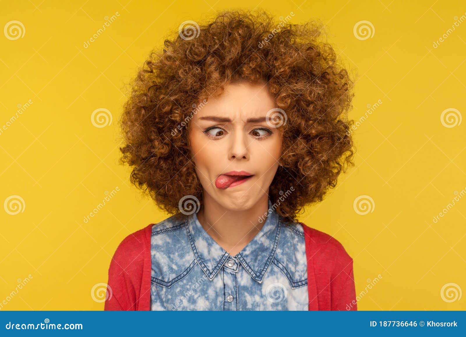 Closeup Portrait of Crazy Woman with Fluffy Curly Hair Demonstrating Tongue  Out and Making Silly Face with Crossed Eyes Stock Photo - Image of funny,  girl: 187736646