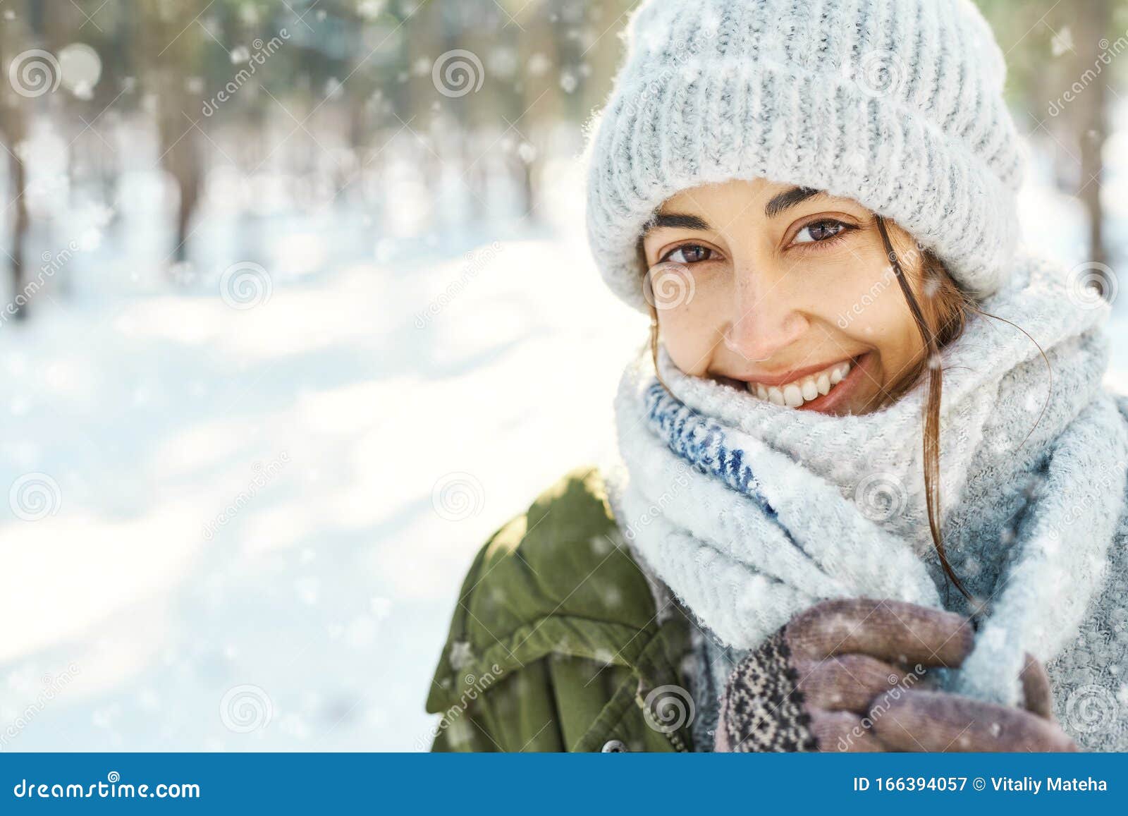 Closeup Portrait of Funny Smiling Woman in Woolen Hat and Long Warm ...