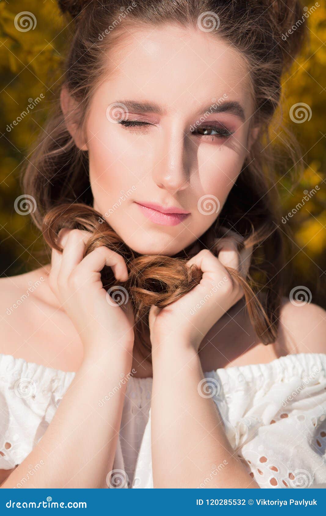 Closeup Portrait of Glamor Winking Lady with Curly Hair Standing Stock ...