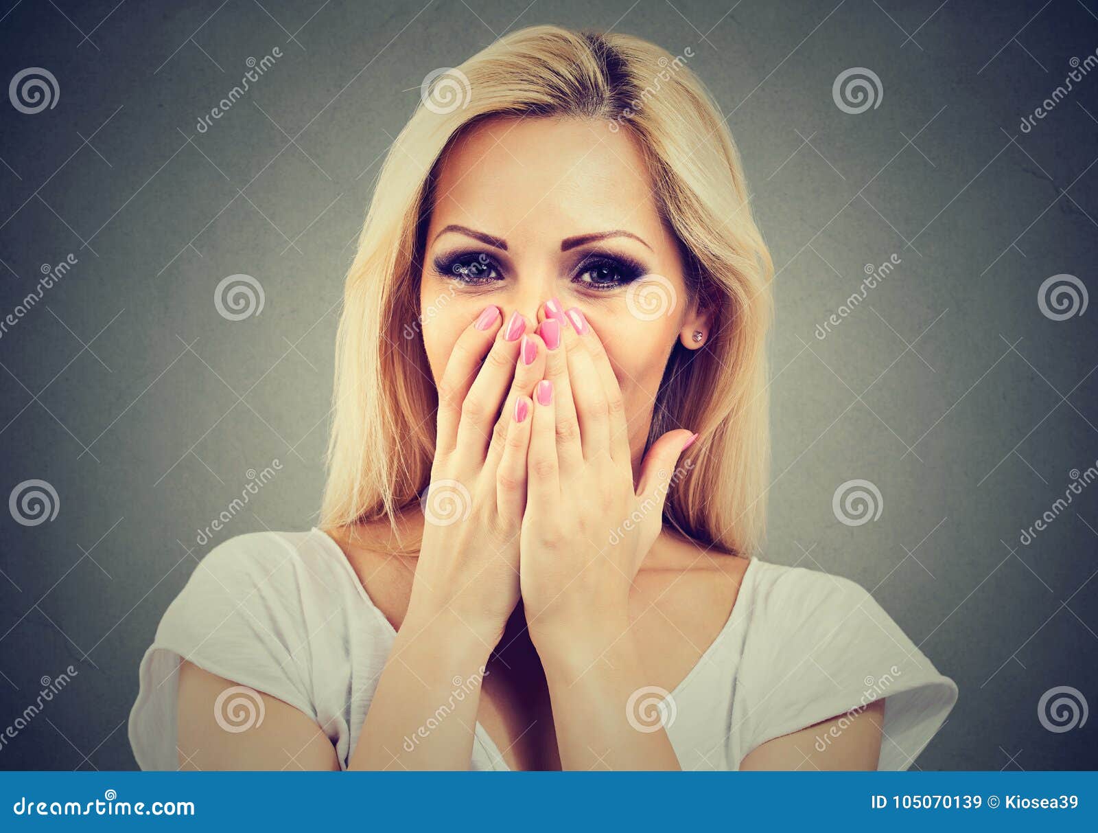Portrait Of A Happy Woman Being Shy Laughing And Covering Face With Hands Stock Image Image Of