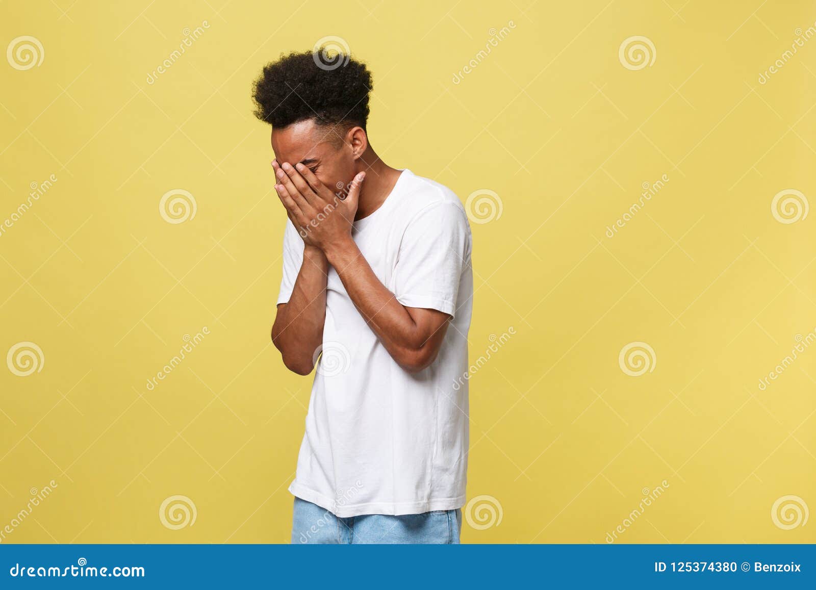 Closeup Portrait Man with Sad Expression, Isolated on Yellow Wall ...