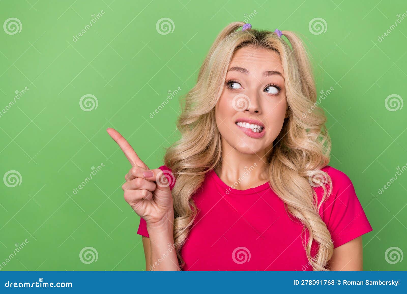 Closeup Portrait Of Pretty Blonde Wavy Hairstyle Girl Wear Pink T Shirt 