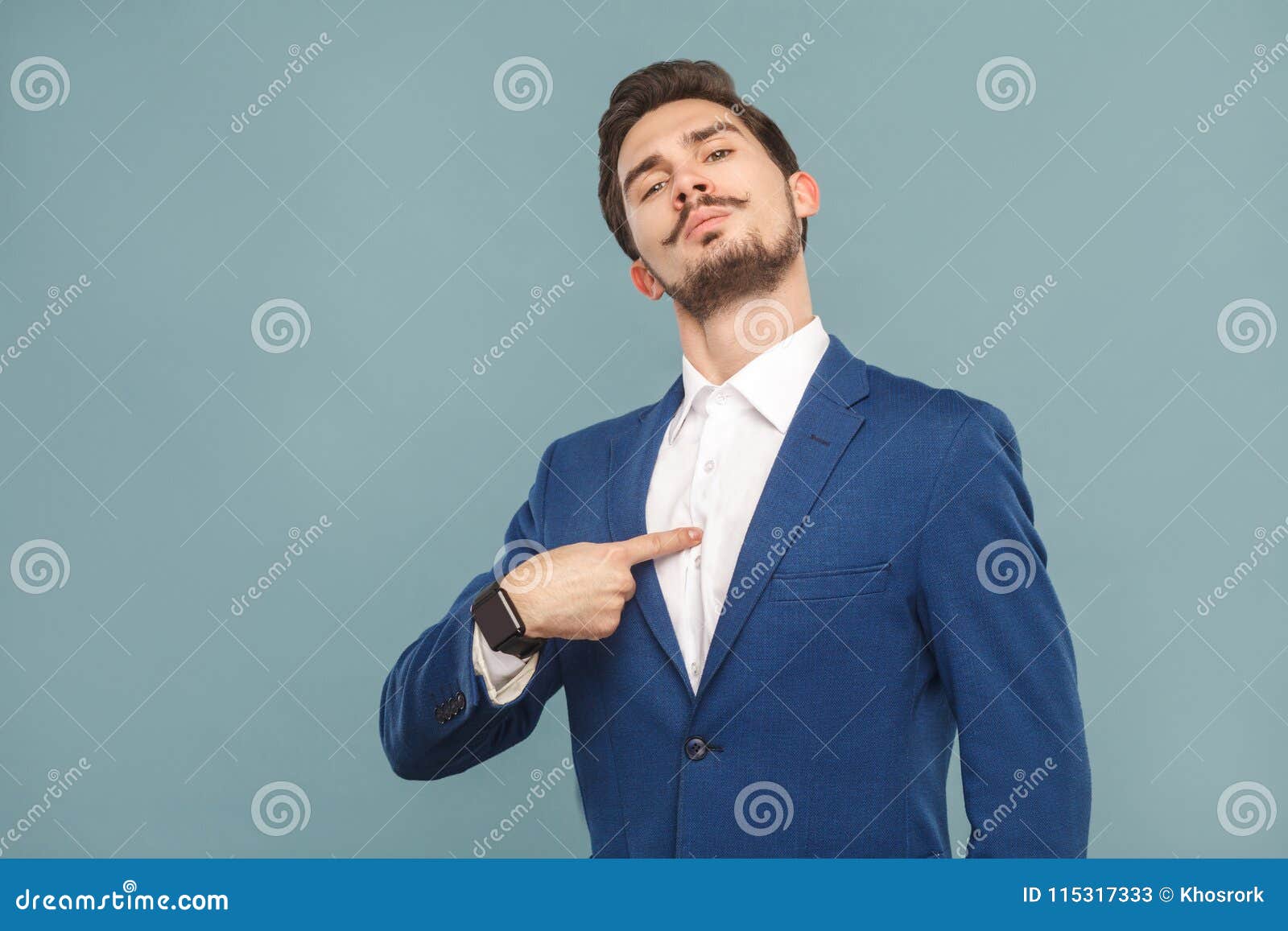 closeup portrait of proud man pointing finger himself