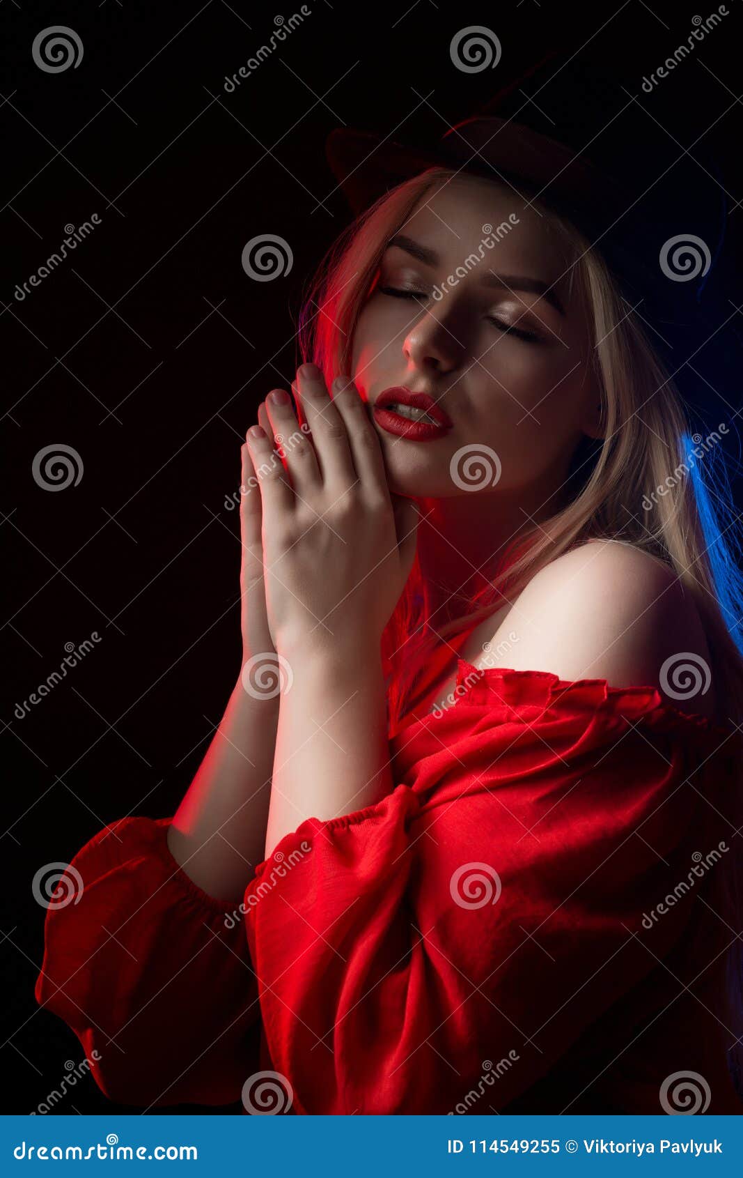 Closeup Portrait Of Sensual Blonde Girl With Closed Eyes Posing Stock