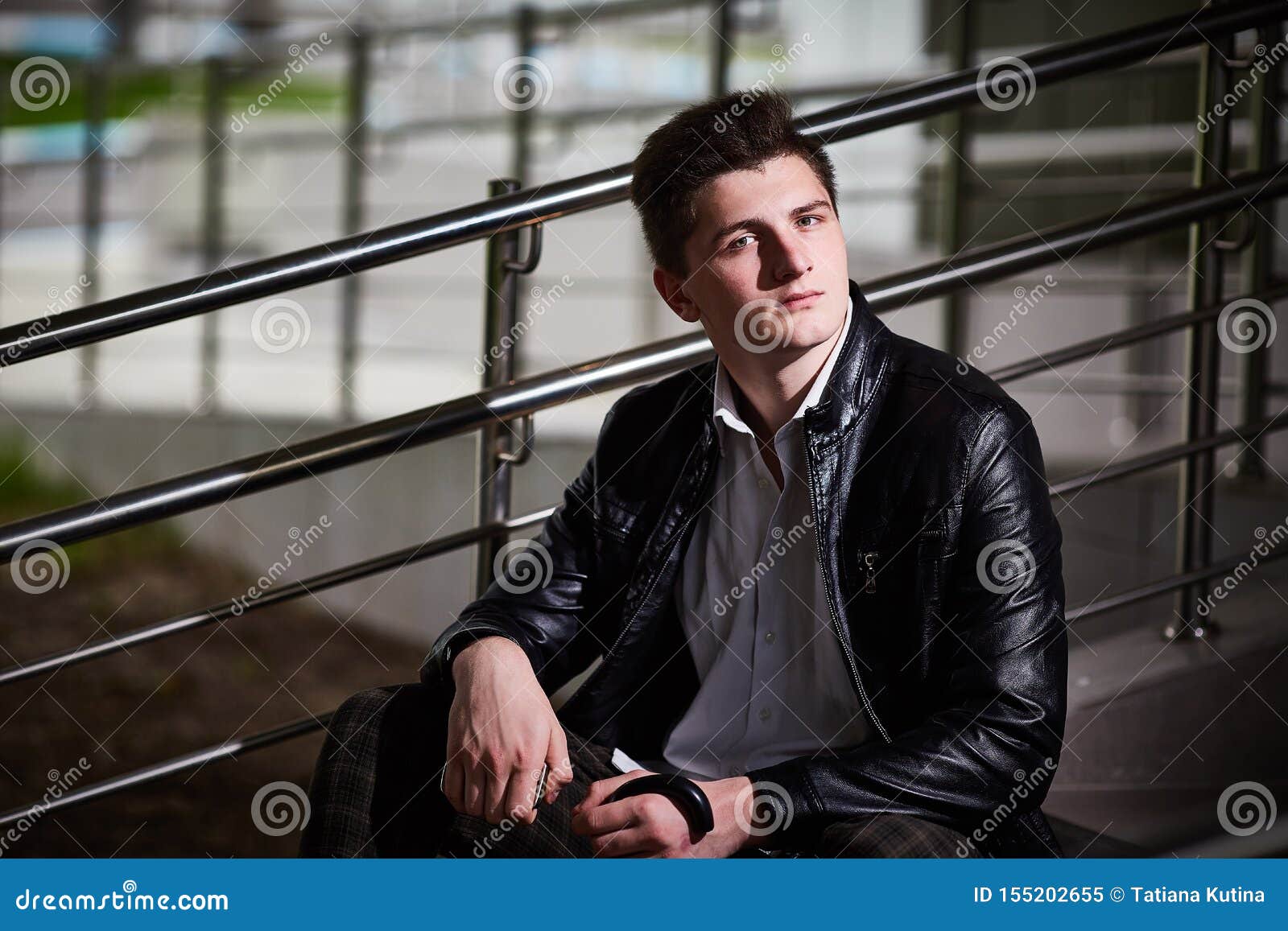 Closeup Portrait of a Serious Guy in a Leather Jacket Stock Image ...