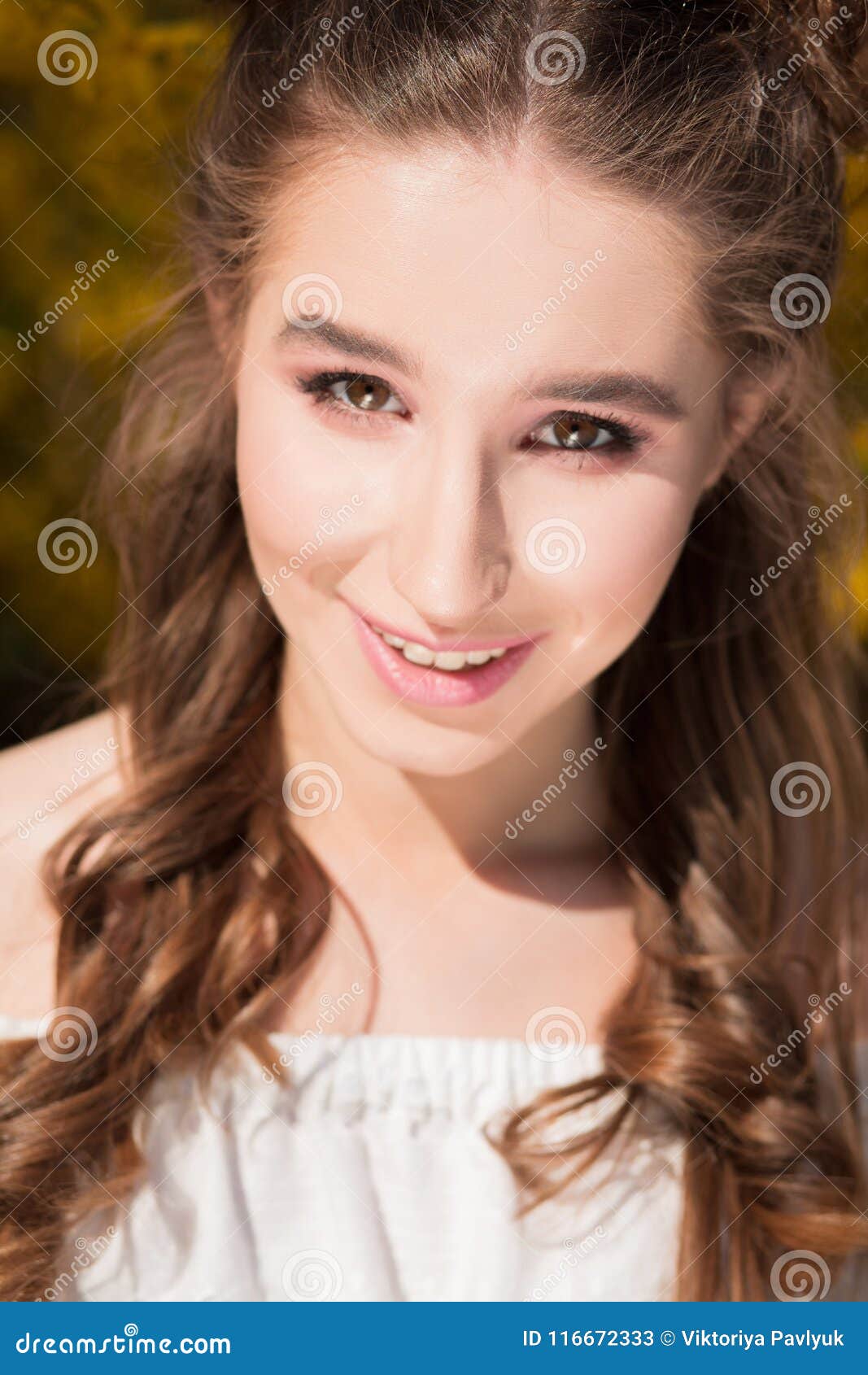 Closeup Portrait of Smiling Brunette Girl with Perfect Skin and Stock ...