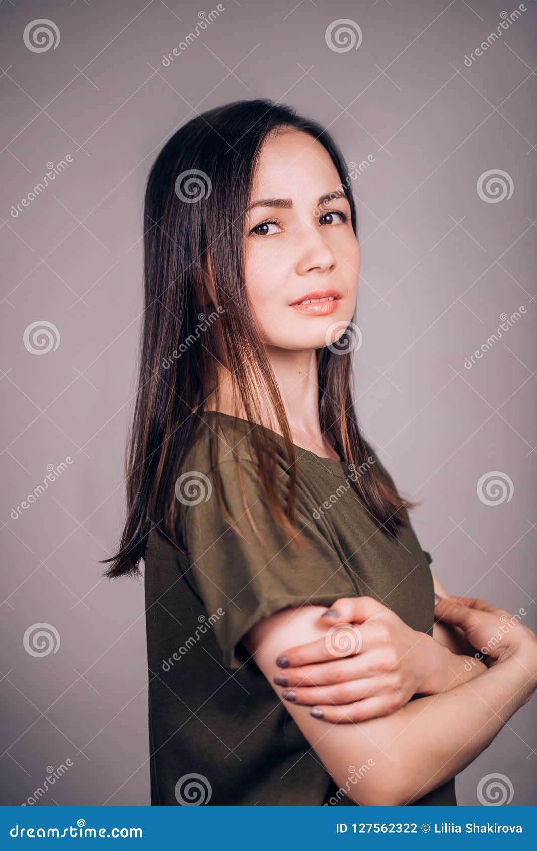 Closeup Portrait Of A Young Beautiful Brunette Woman With Clean Healthy 