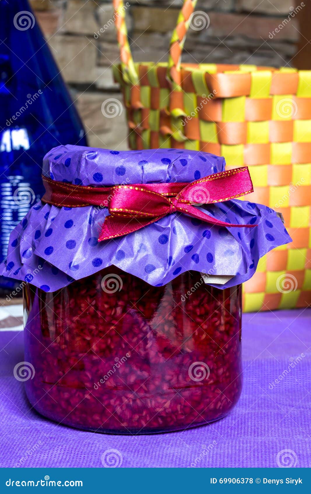 Closeup Raspberry Jam Jar Decorated Ribbon Straw Basket