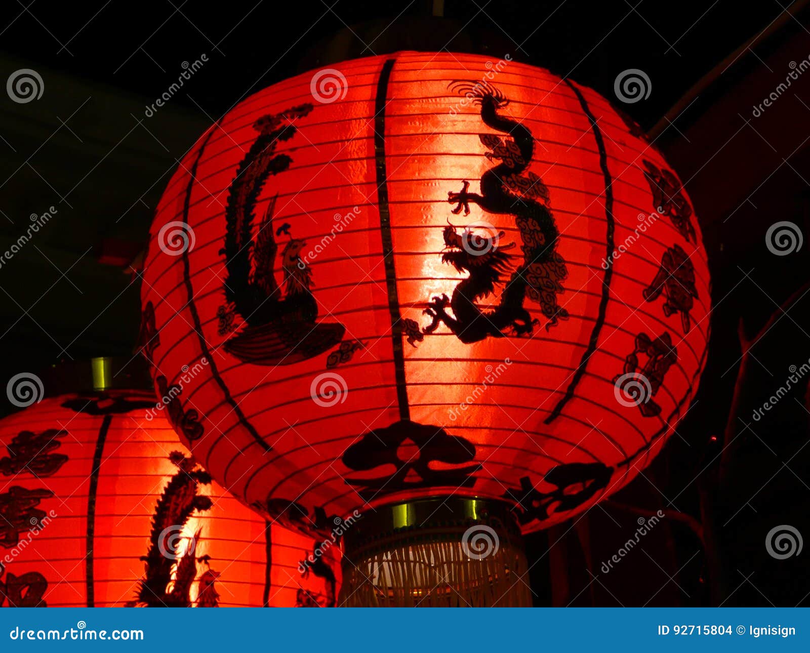 Closeup of Red Chinese Paper Lantern with Bird and Dragon Stock Photo