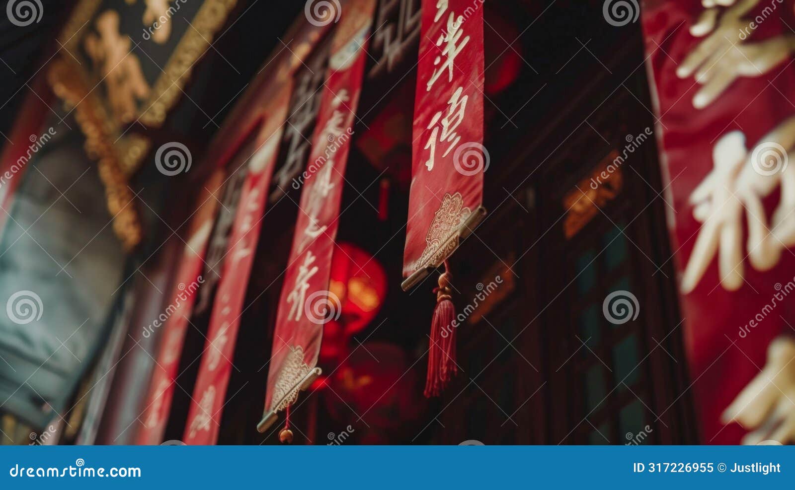 a closeup of a red and gold banner with calligraphy wishing a prosperous and fortunate new year hung above a doorway