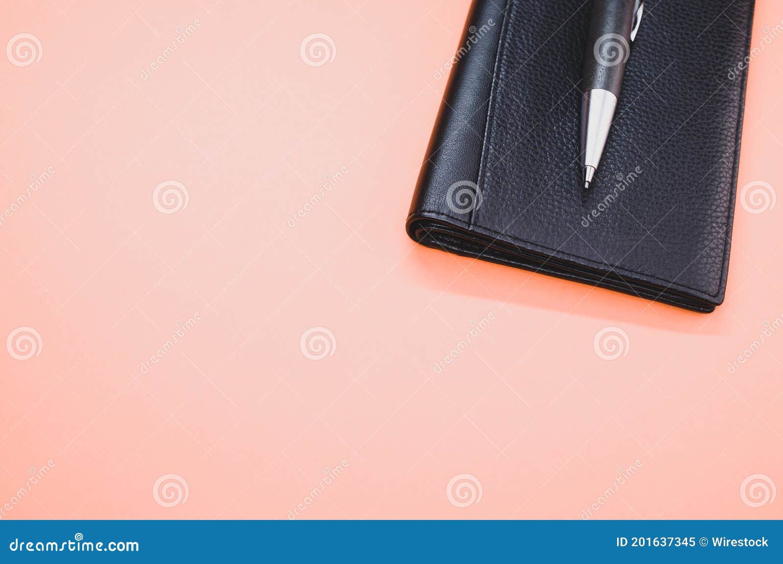 closeup of a rollerball pen on a small wallet  on a light pink background