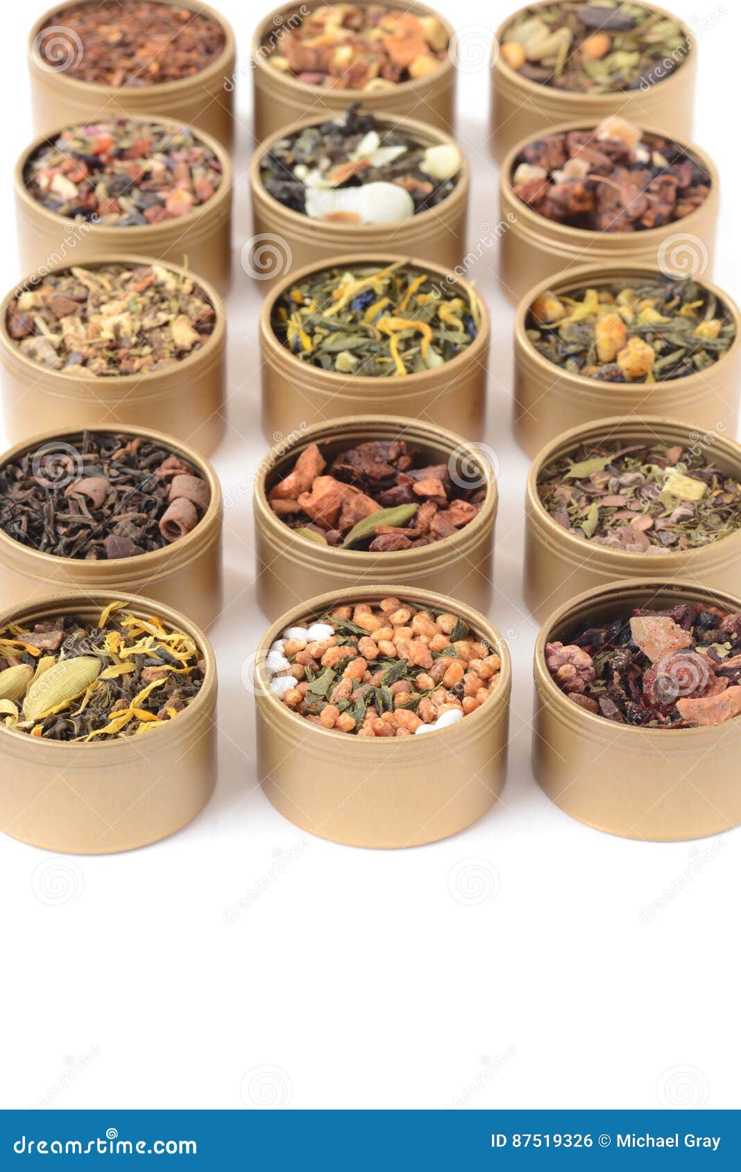 Closeup Rows of Organic Herbal Tea in Tins Stock Photo Image of