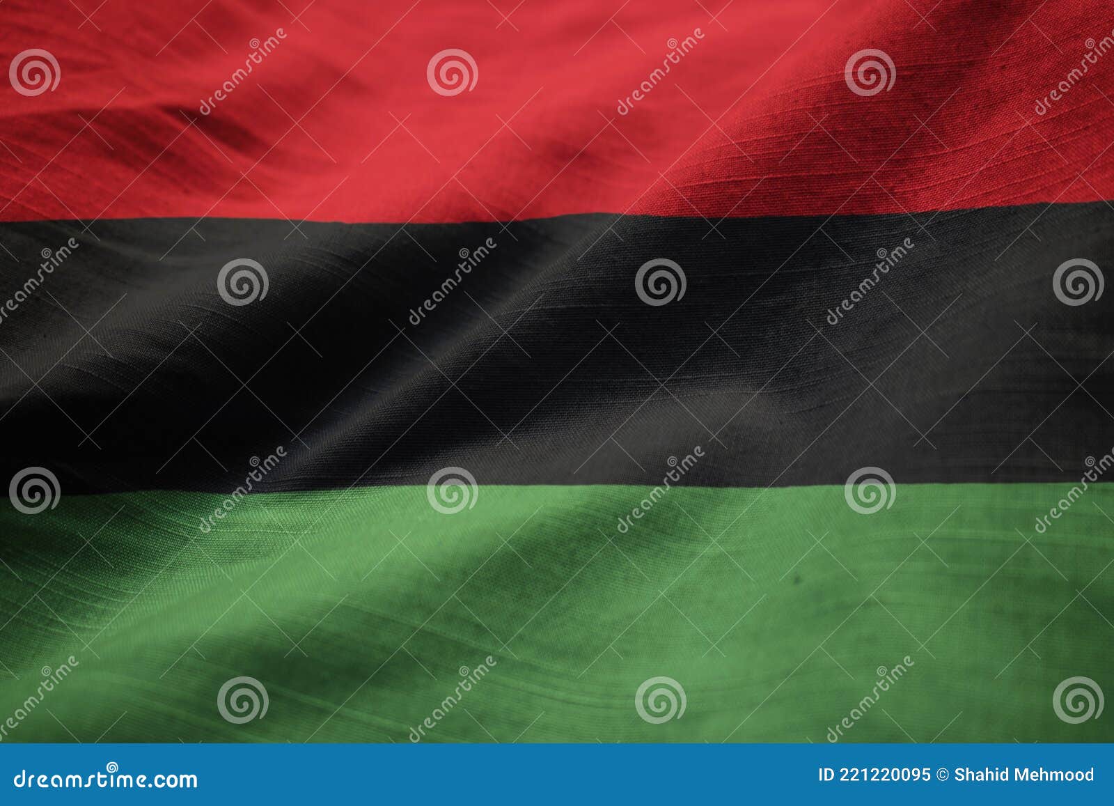 Closeup of Ruffled Pan African Flag, Pan African Flag Blowing in Wind