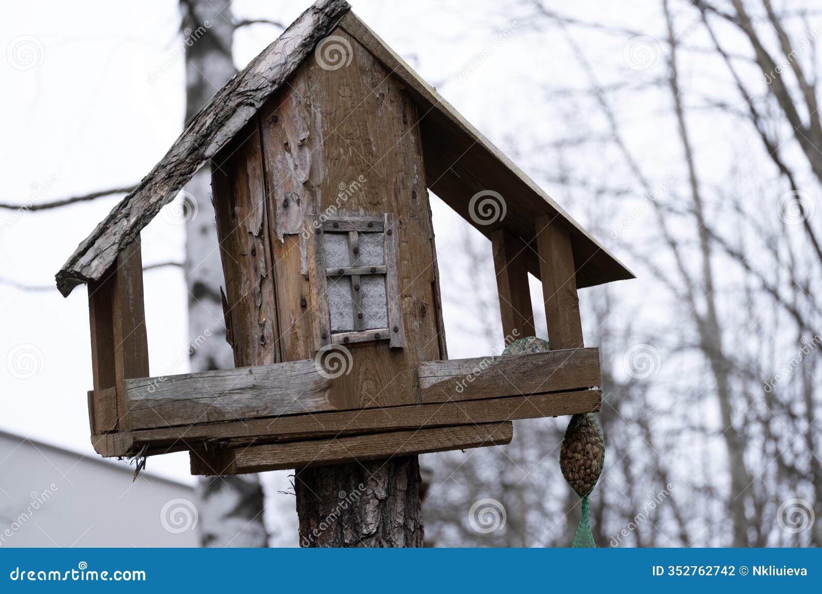 a closeup of a rustic wooden birdhouse mounted on a tree. the craftsmanship of the birdhouse, featuring a charming