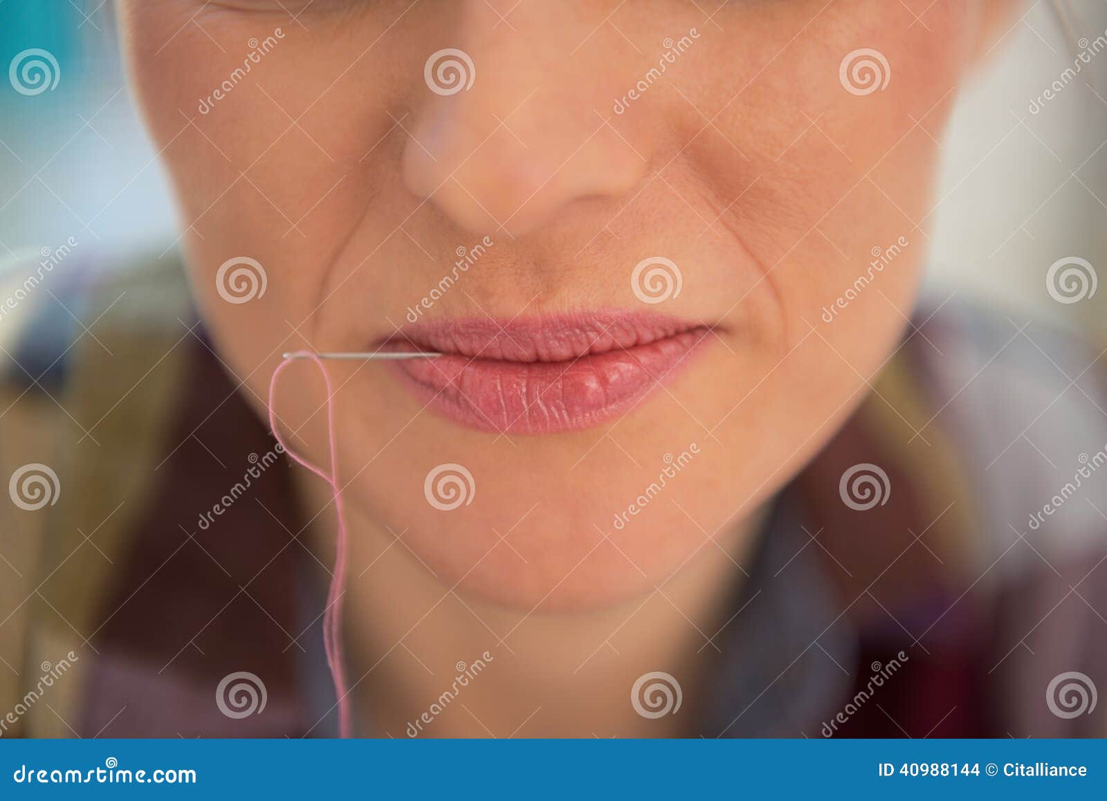 Closeup on Seamstress with Mouth Needle in Lips Stock Photo Image of