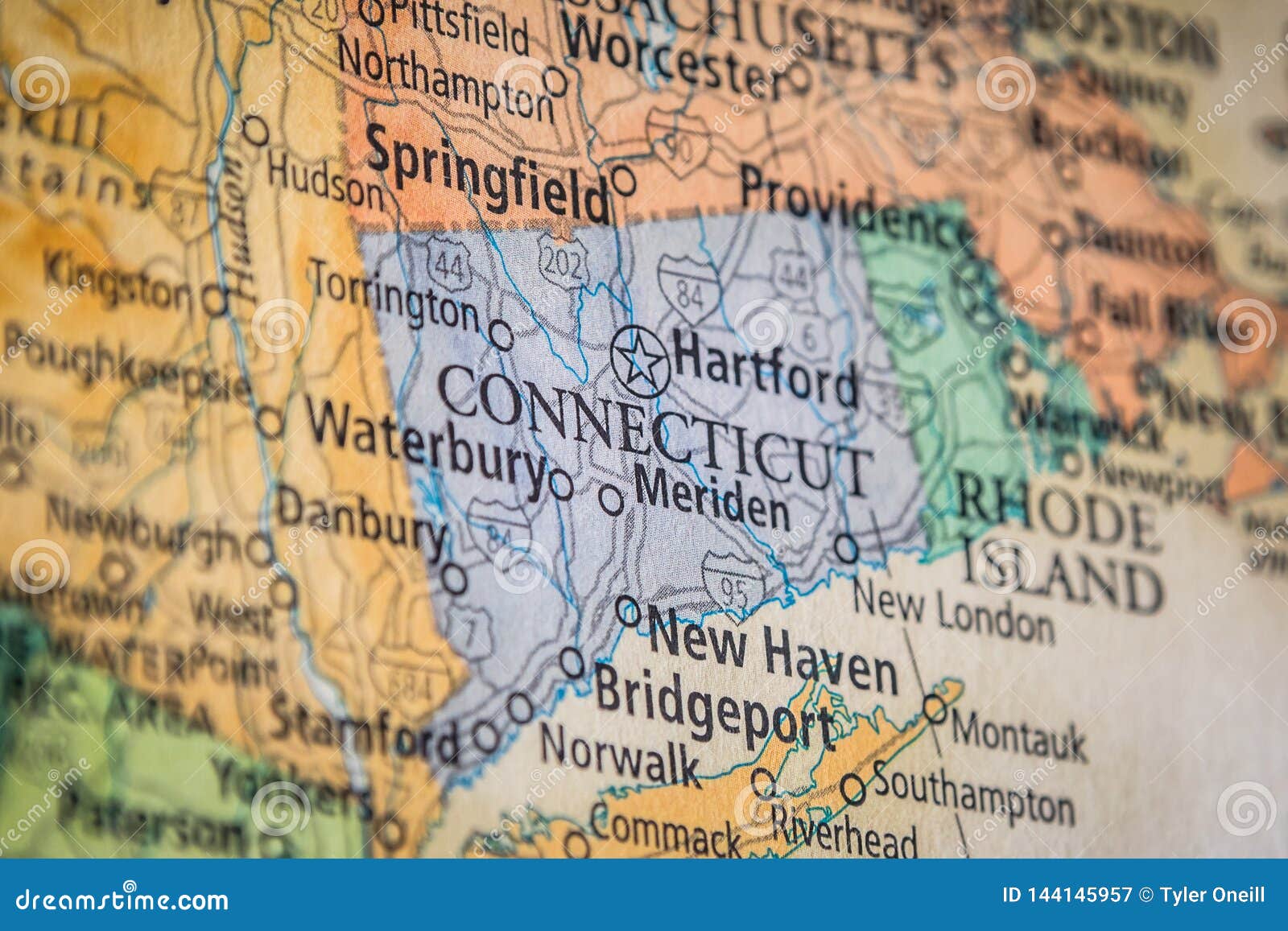 selective focus of connecticut state on a geographical and political state map of the usa