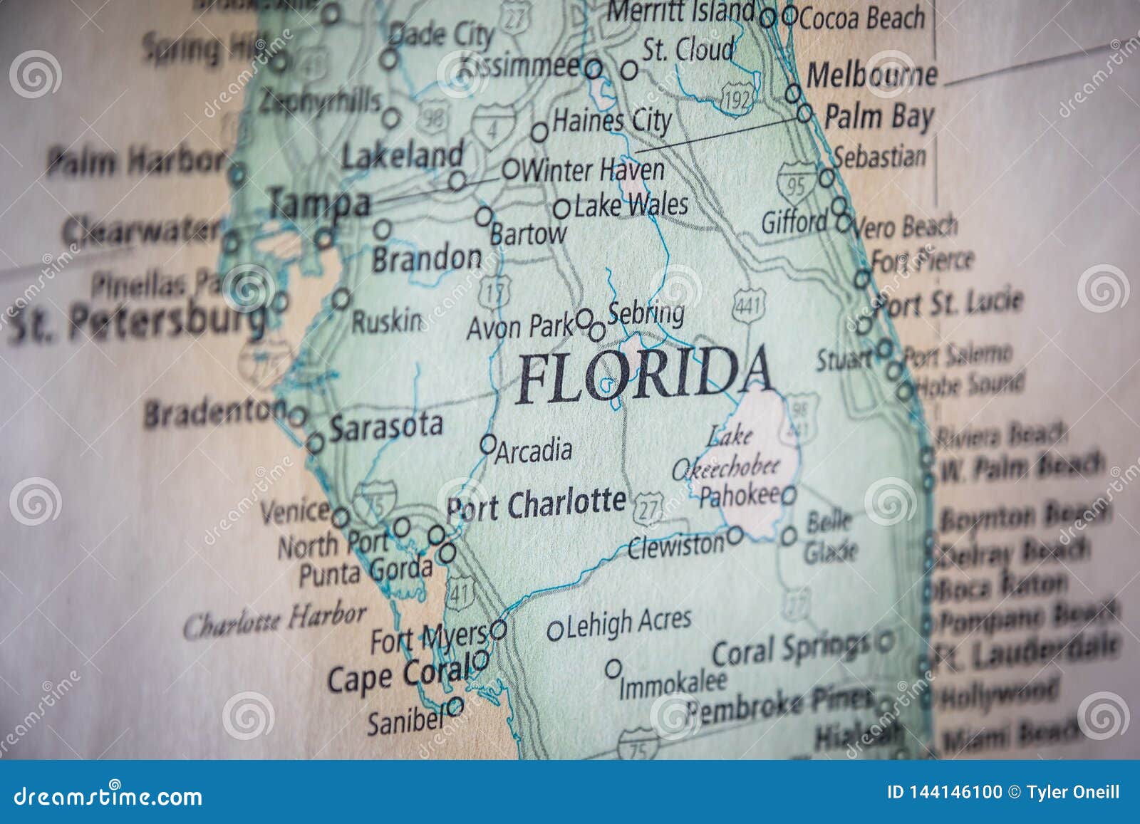 selective focus of florida state on a geographical and political state map of the usa