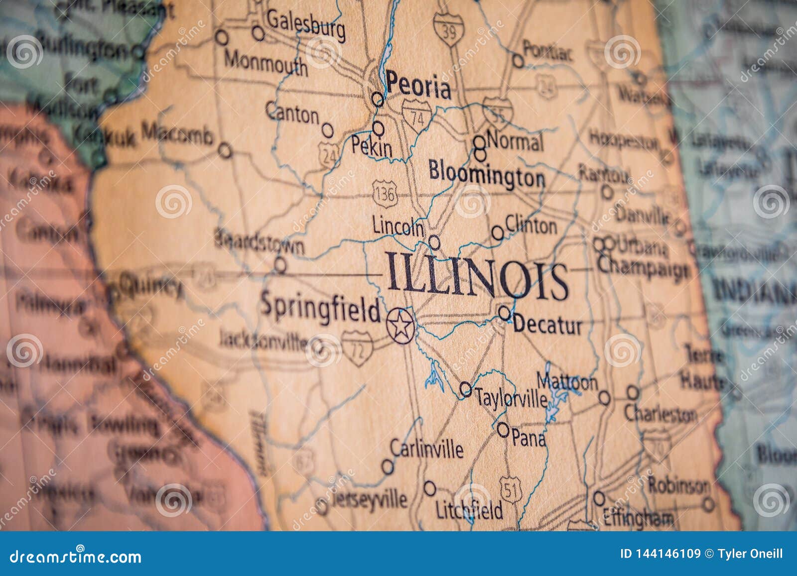 selective focus of illinois state on a geographical and political state map of the usa
