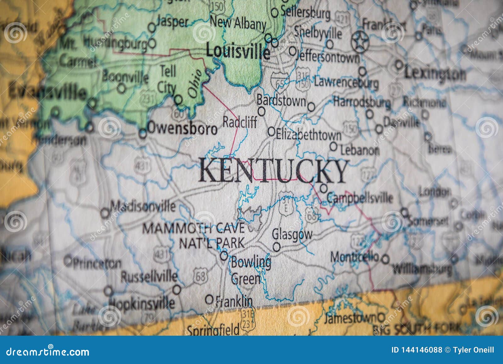 selective focus of kentucky state on a geographical and political state map of the usa
