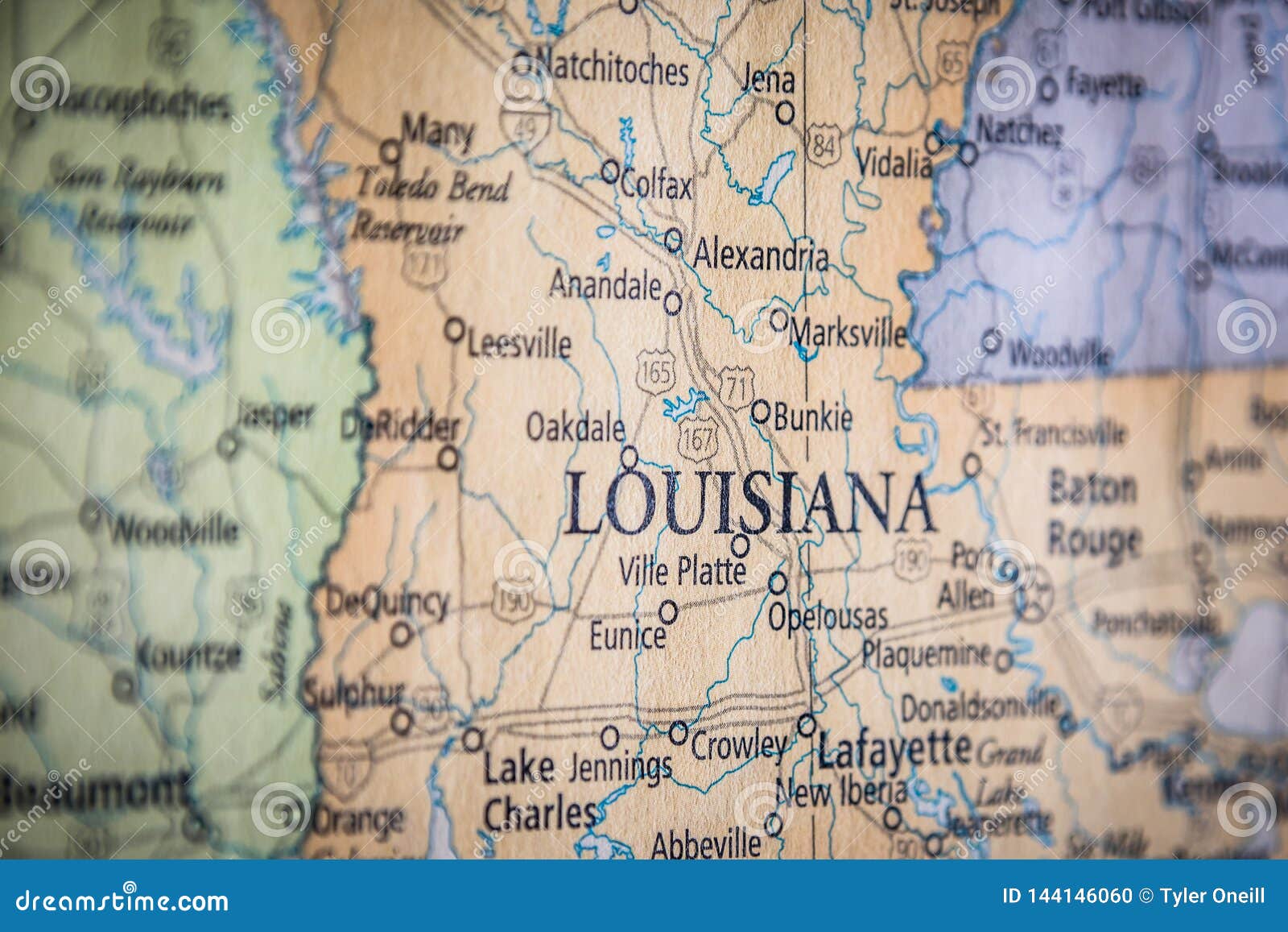 selective focus of louisiana state on a geographical and political state map of the usa