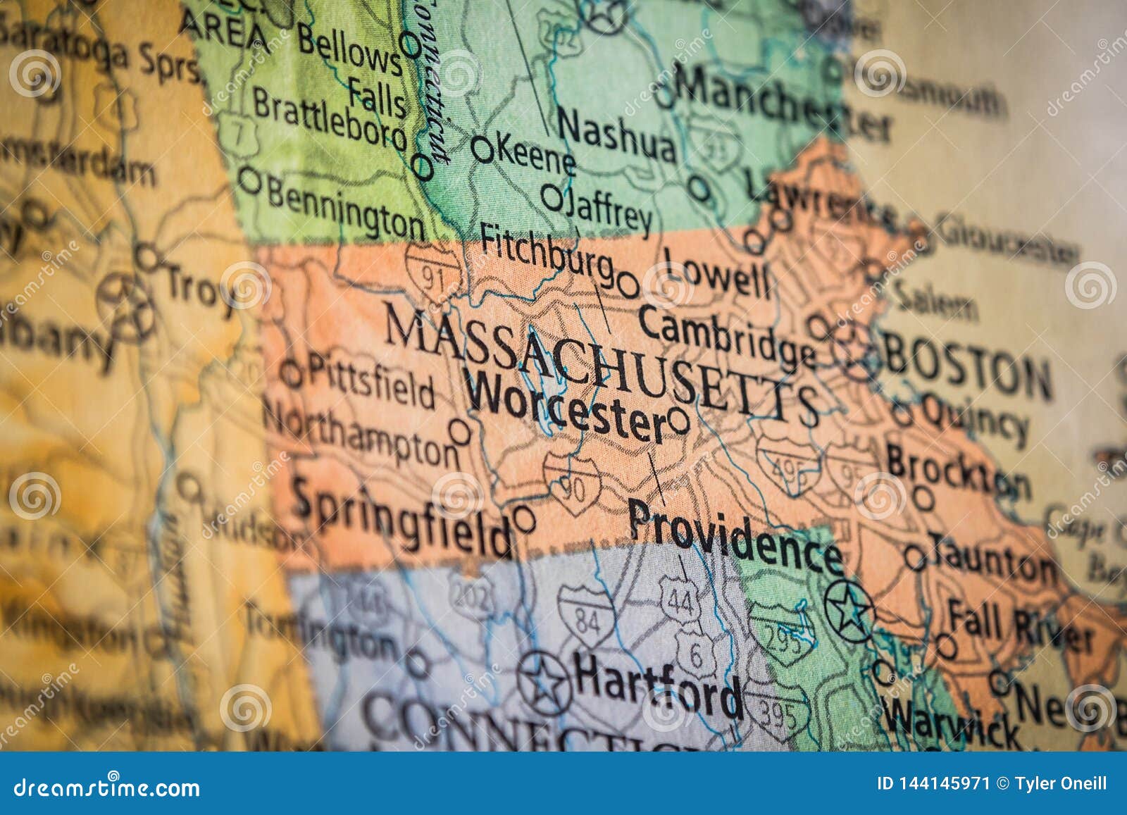 selective focus of massachusetts state on a geographical and political state map of the usa