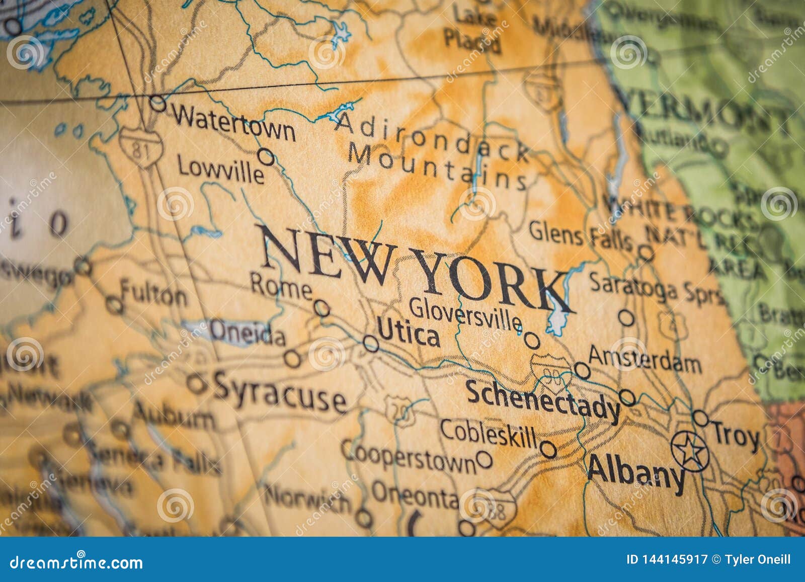 selective focus of new york state on a geographical and political state map of the usa