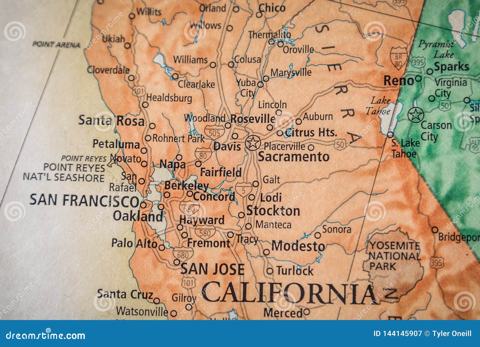 selective focus of north california san francisco on a geographical and political state map of the usa