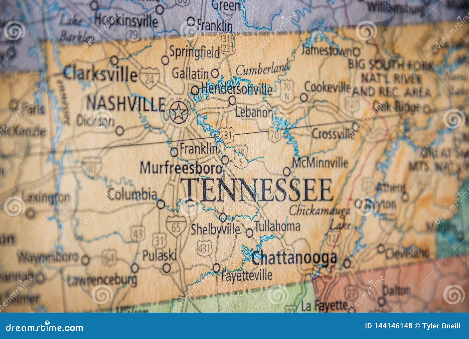 selective focus of tennessee state on a geographical and political state map of the usa