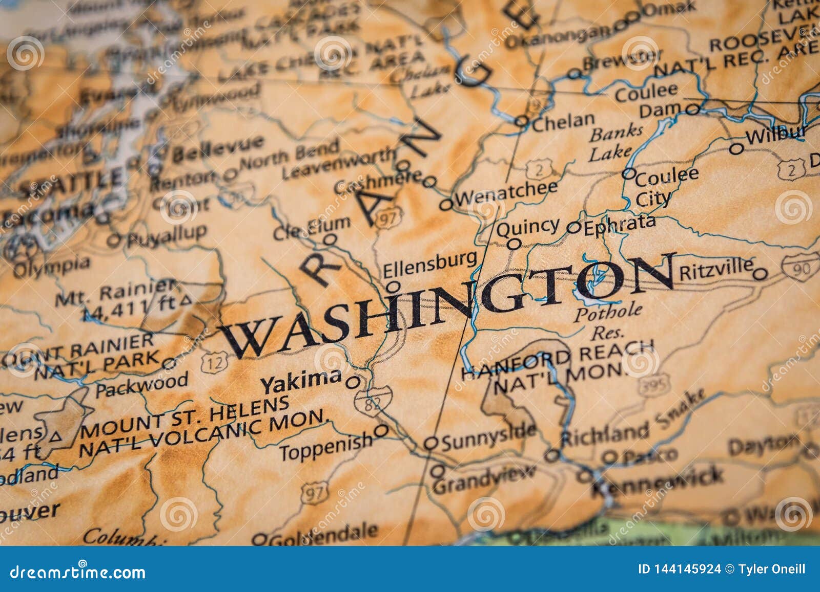selective focus of washington state on a geographical and political state map of the usa