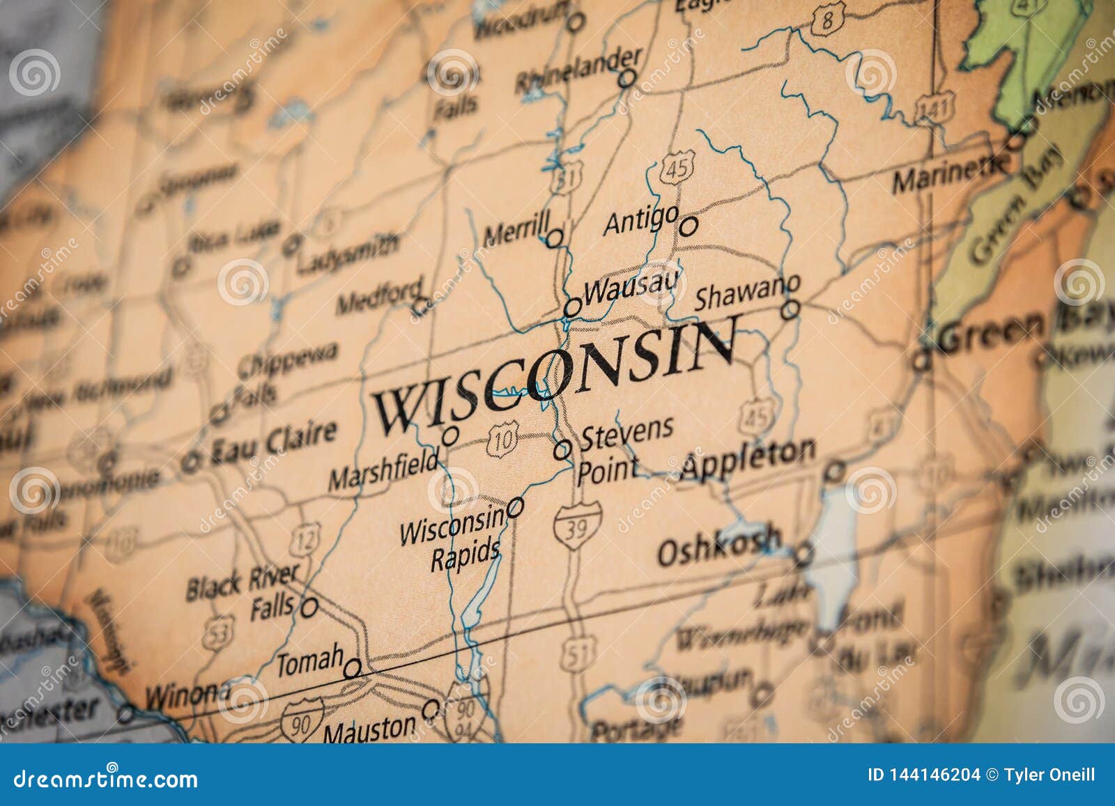 selective focus of wisconsin state on a geographical and political state map of the usa