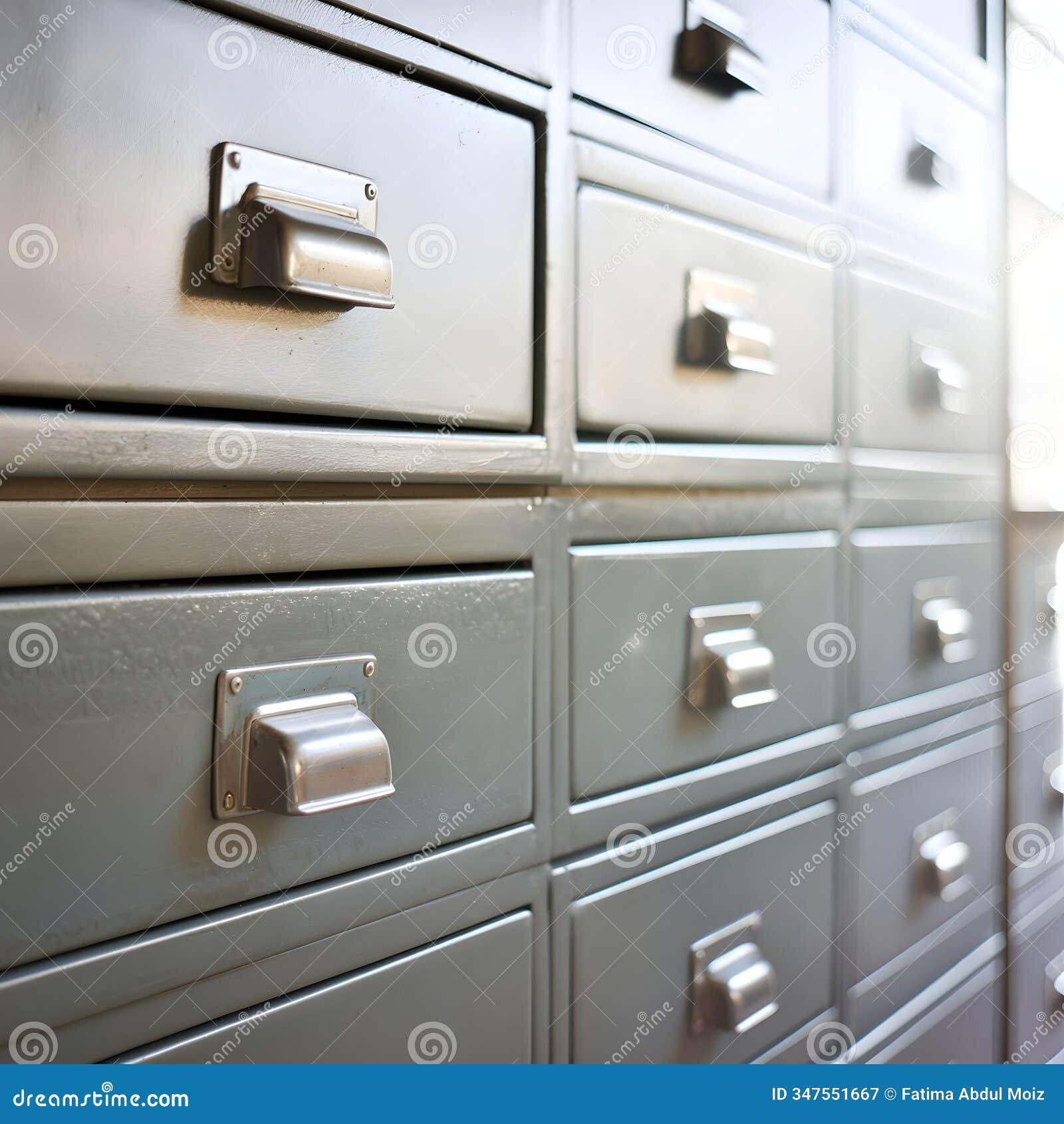 metallic drawers with silver handles, sunlight filtering through soft blurred background