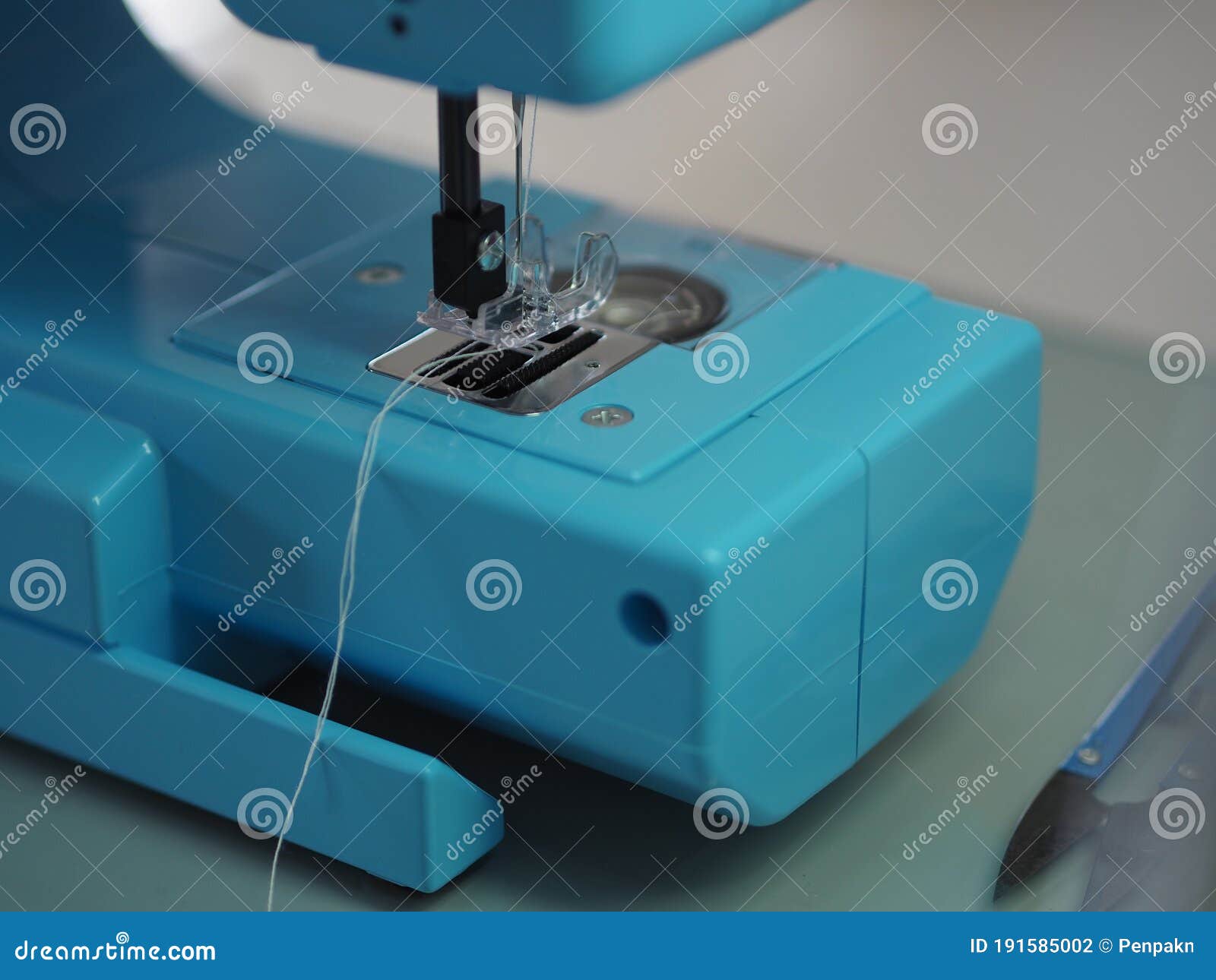 Closeup Sewing Machine Accessories Equipment Blue Color Stock Photo
