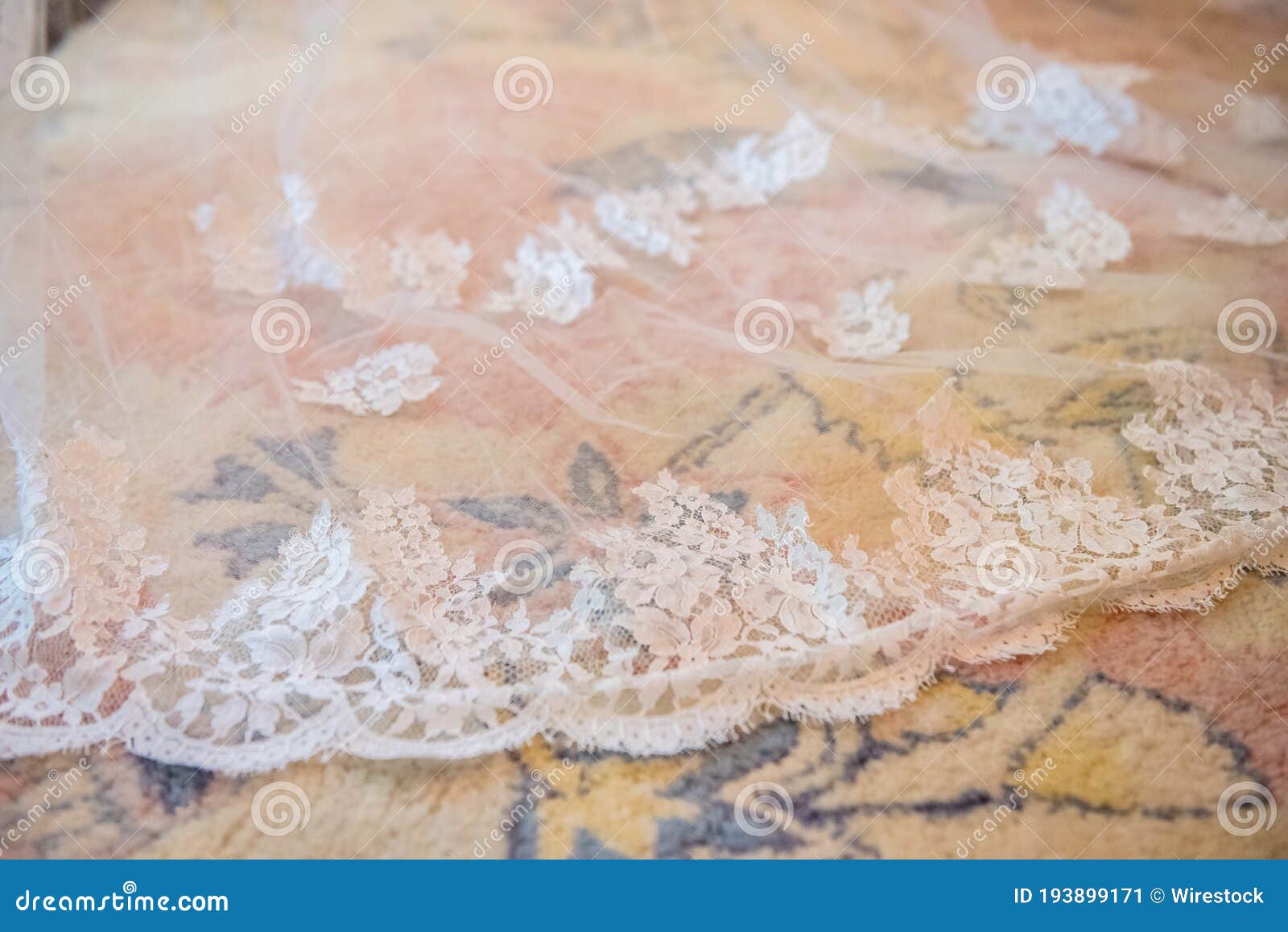 Closeup Shot of a Beautiful Bridal Veil on a Bed Stock Image Image of