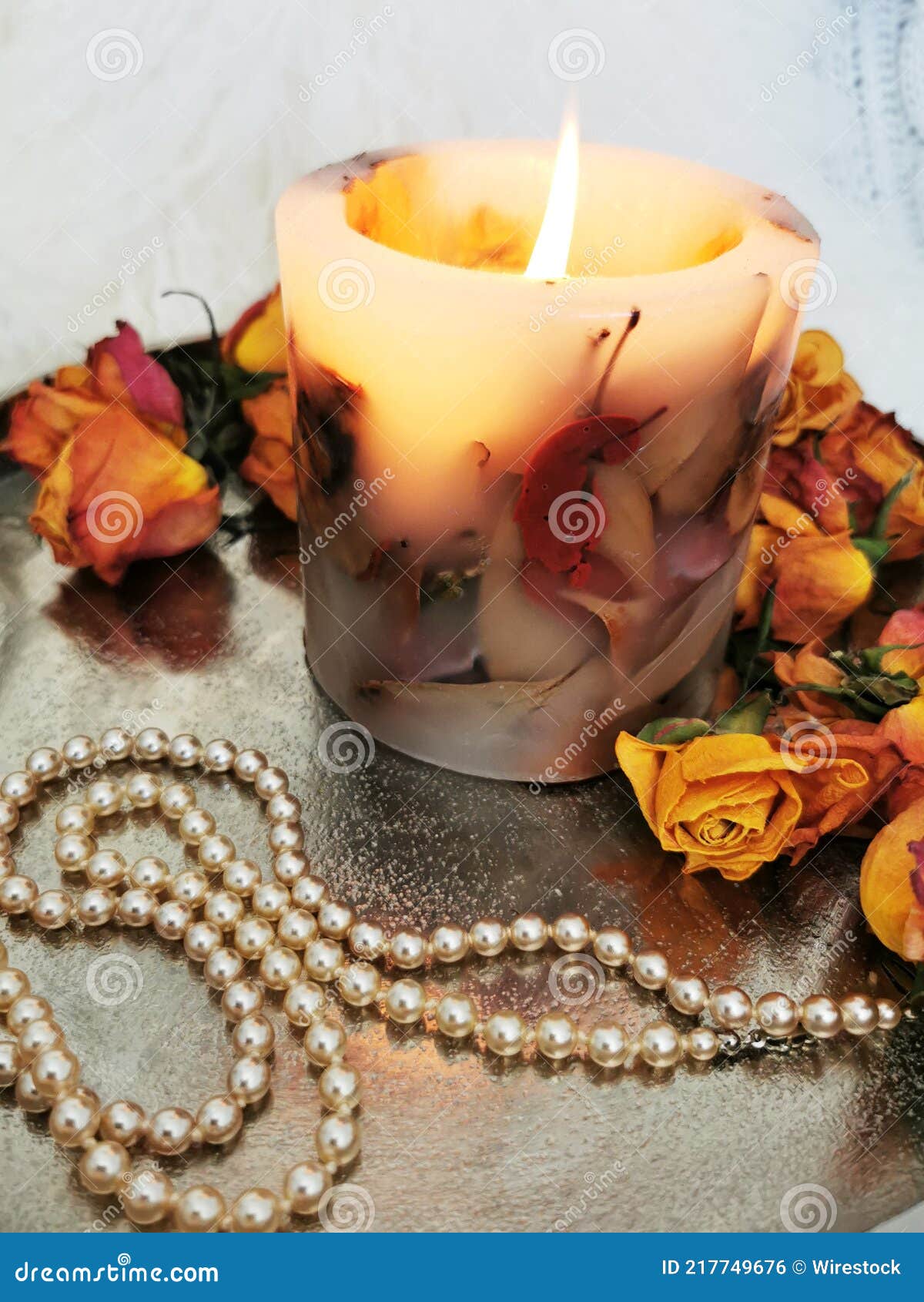 Closeup Shot of a Decorative Candle with Beads and Dried Flowers on a Tray  Stock Photo - Image of nature, crystal: 217749676