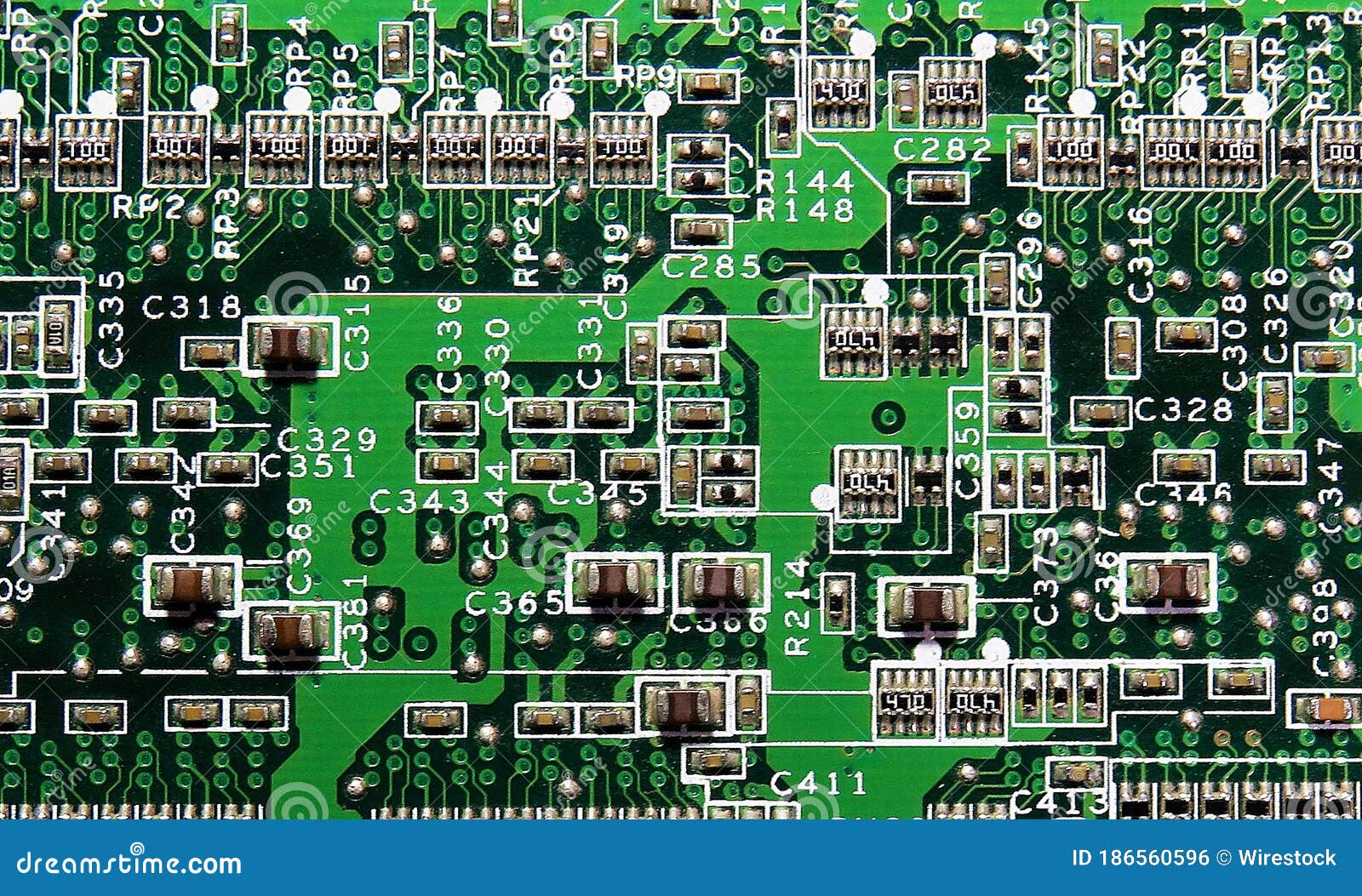 Closeup Shot of the Integrated Electric Circuits of a Green Chip Stock