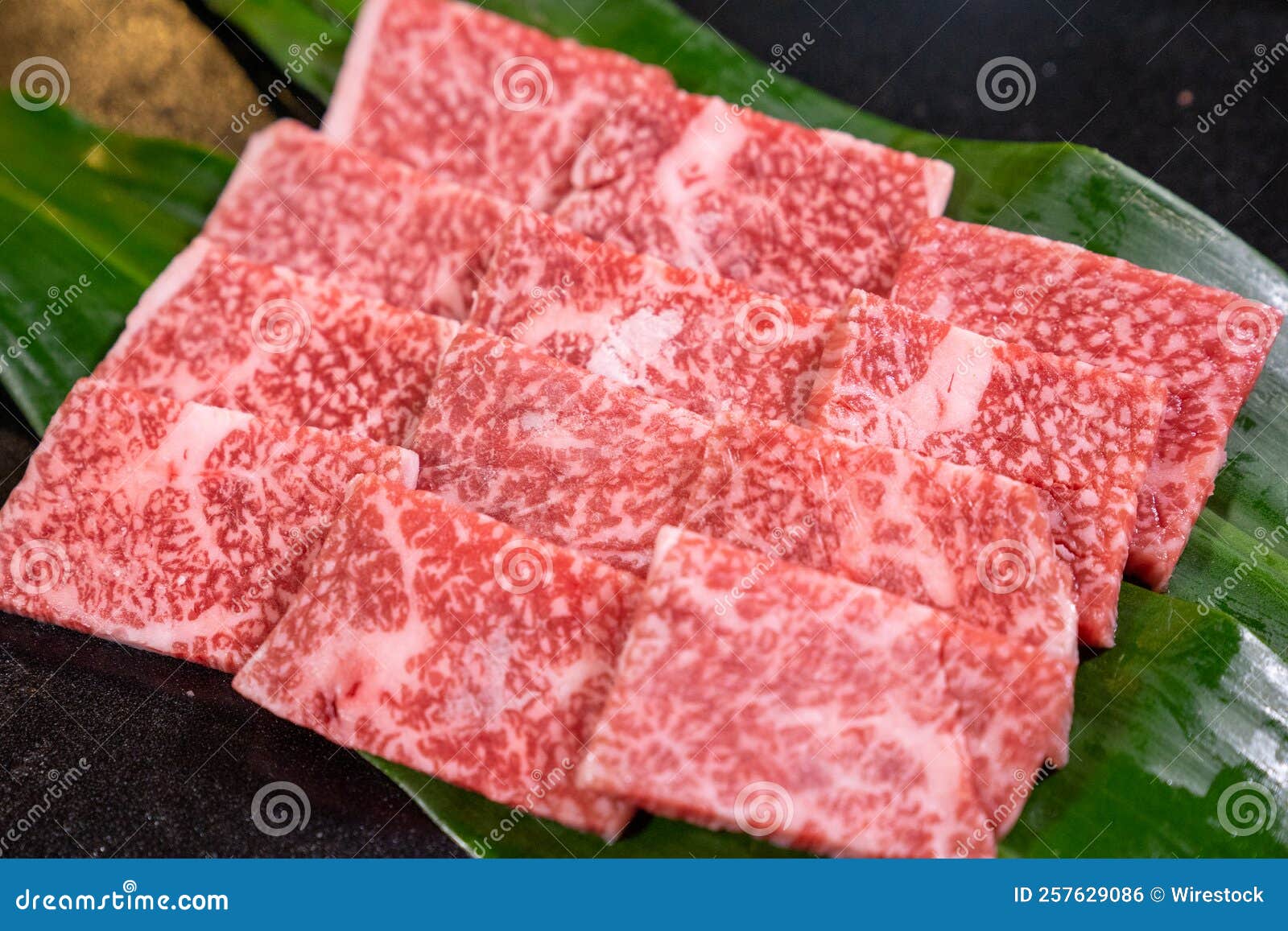Closeup Shot of Matsusaka Beef Served on the Leaf Stock Photo Image