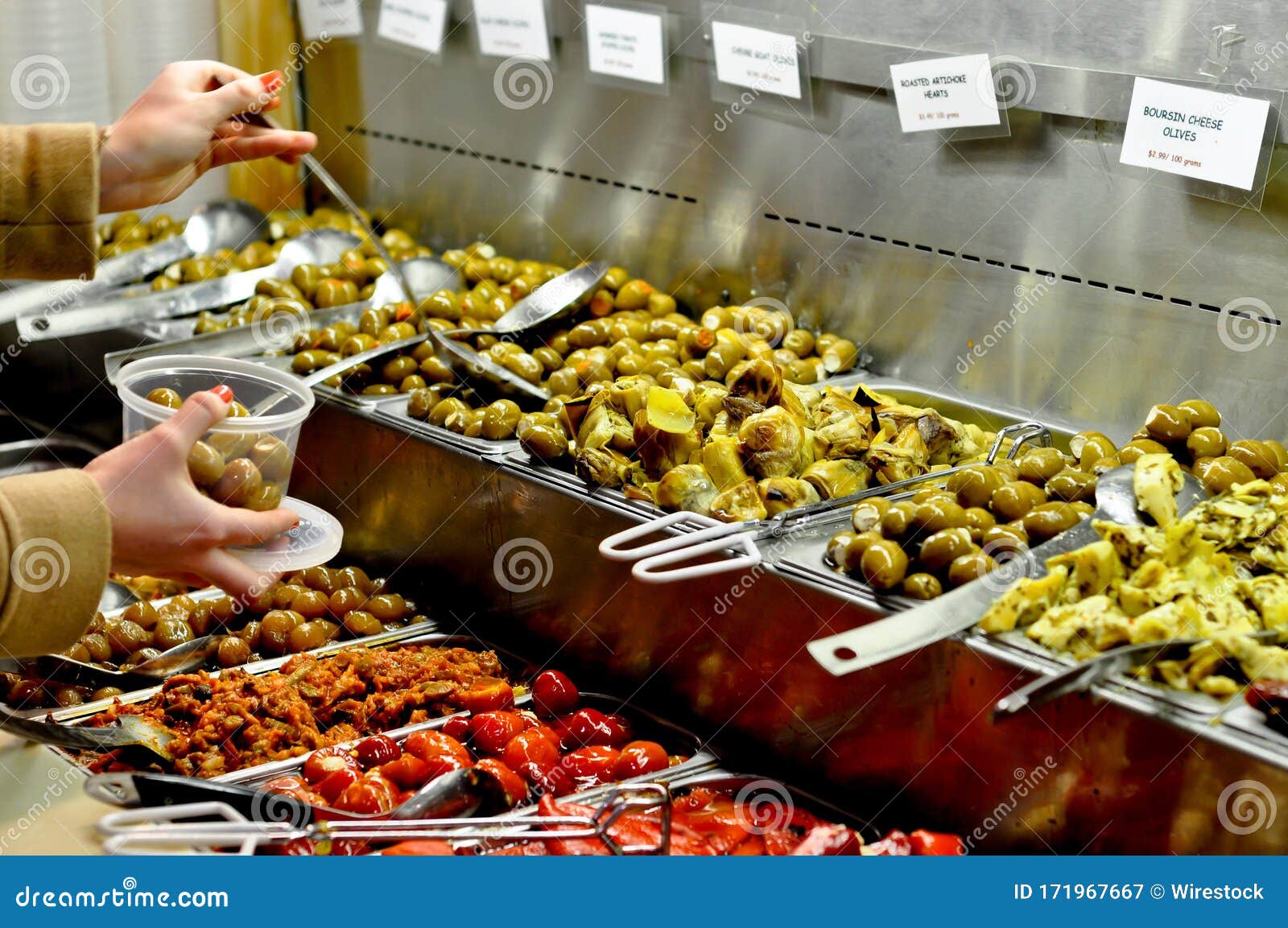 Closeup Shot of Olive Bar with Various Display of Olives in a Grocery Stock Image Image of