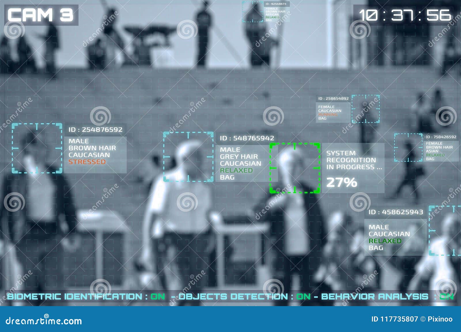 simulation of a screen of cctv cameras with facial recognition