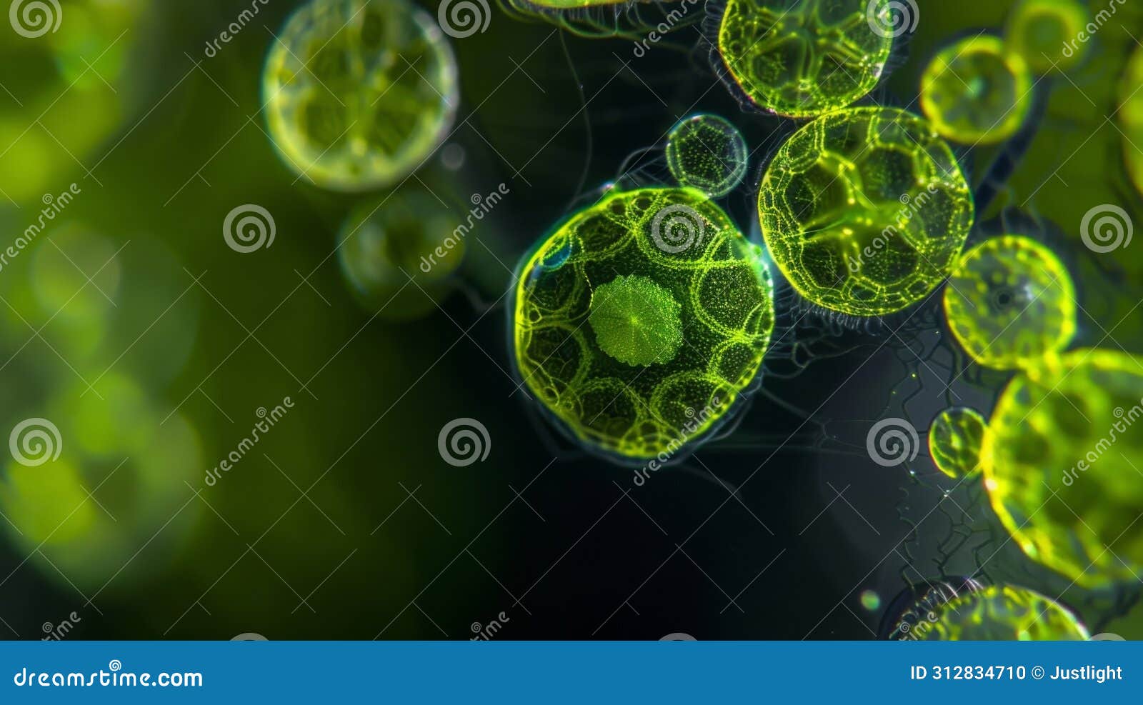 a closeup of a single algal cell with its cytoplasm filled with green chloroplasts that are actively converting light