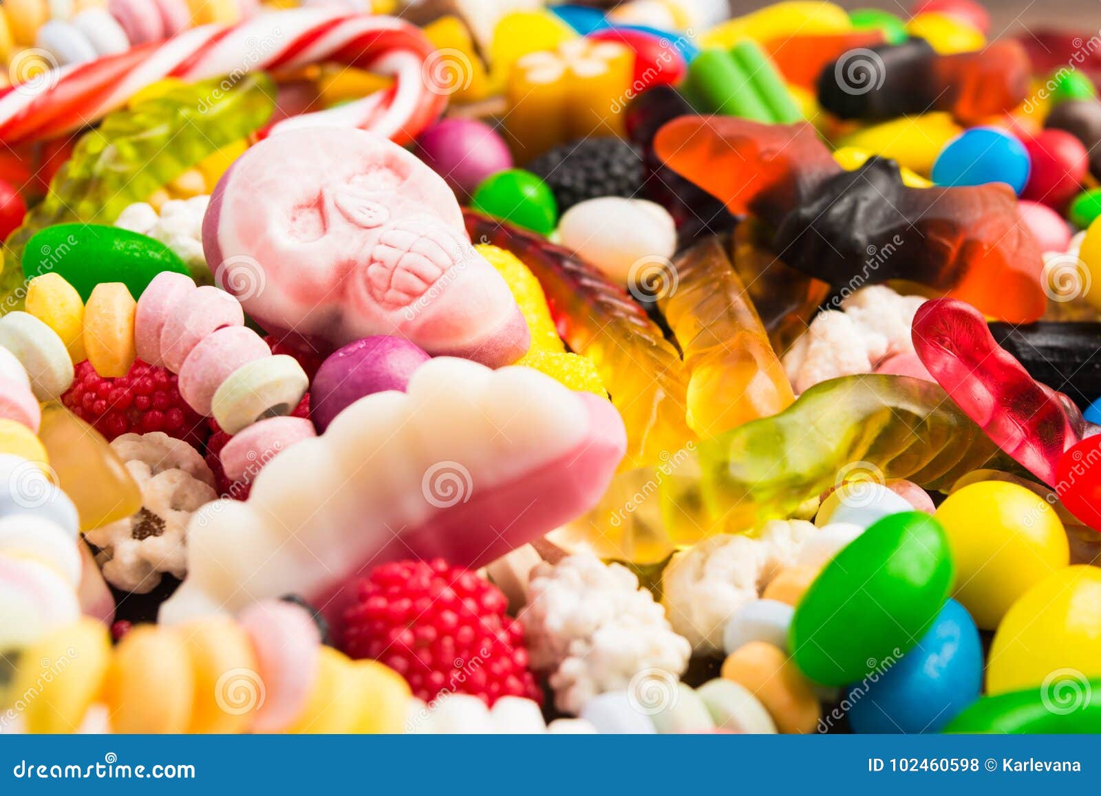 Closeup Skull Candy with Colorful Candies for Halloween Stock Photo