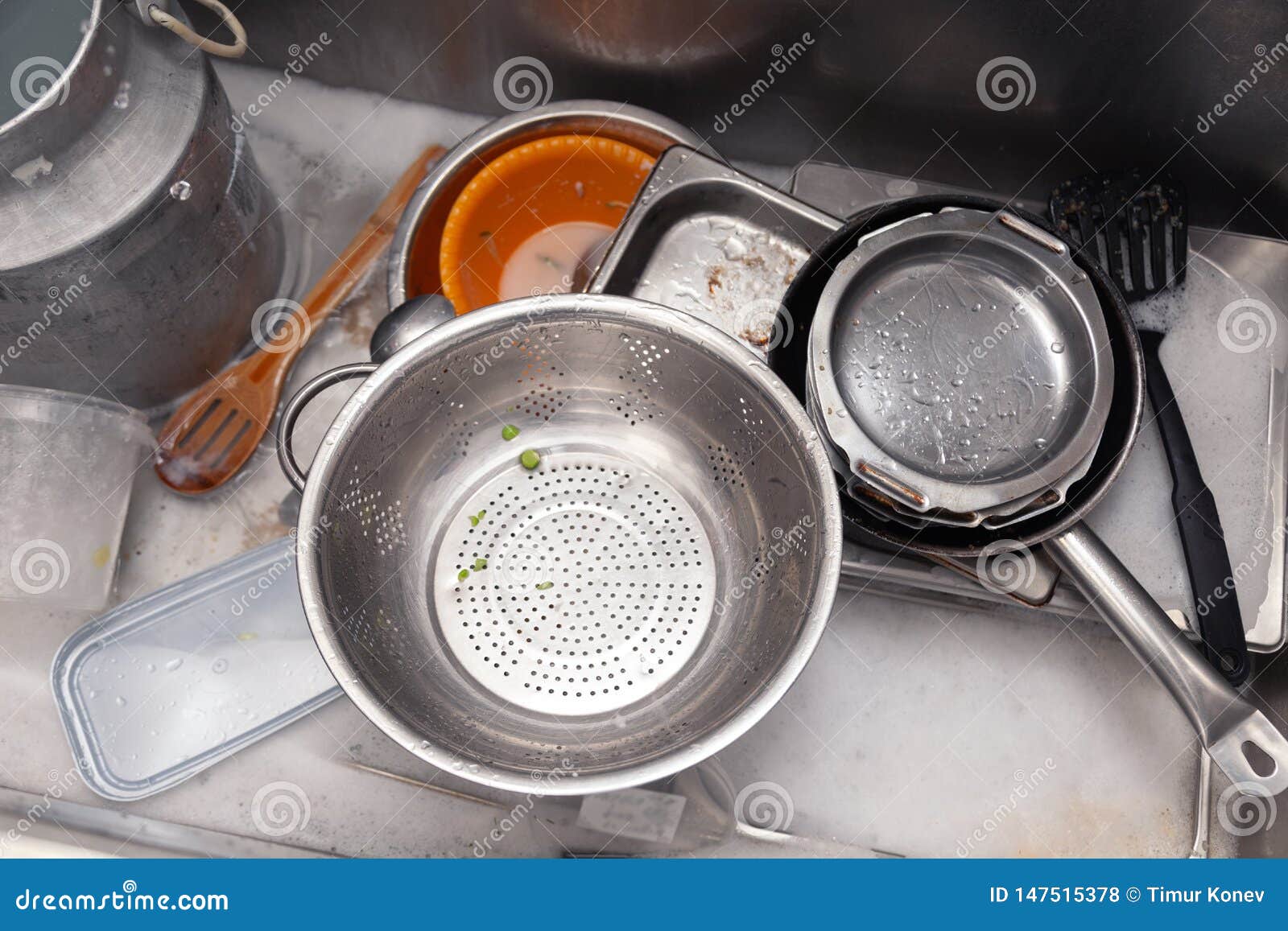 Closeup Stack of Dirty Utensils in Metal Square Sink at Professional ...